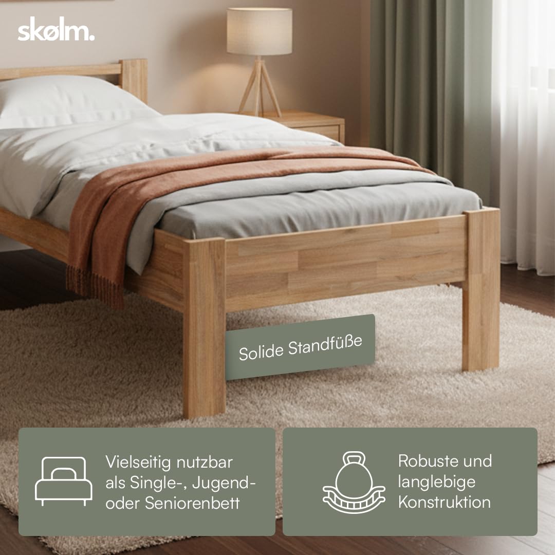 skølm Fenrir Massivholzbett 90x200 cm – Einzelbett aus massiver Eiche – Holzbett Natur geölt - Bettgestell 51cm hoch – Bettrahmen stabil aus Holz mit Bettkopfteil - Seniorenbett mit erhöhtem Einstieg