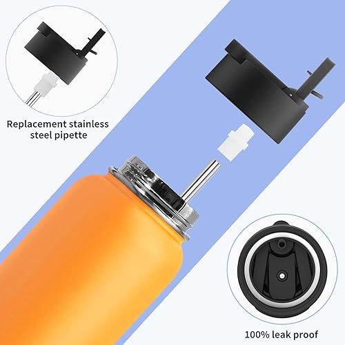 Miniatura 6 de koodee Botella de agua con pajita, acero inoxidable de 32 onzas, con aislamiento al vacío, botella de agua deportiva de metal sin BPA (amarillo