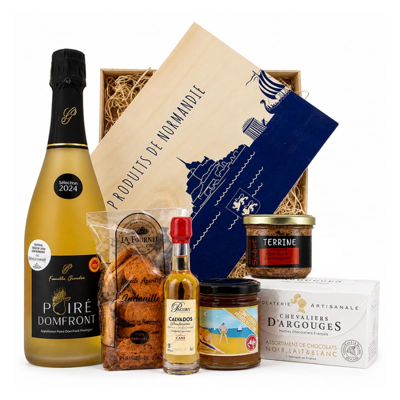 Panier garni "Domfront" - 6 produits gourmands : poiré, trio de chocolats, mignonette, confiture, terrine, biscuits apéritifs