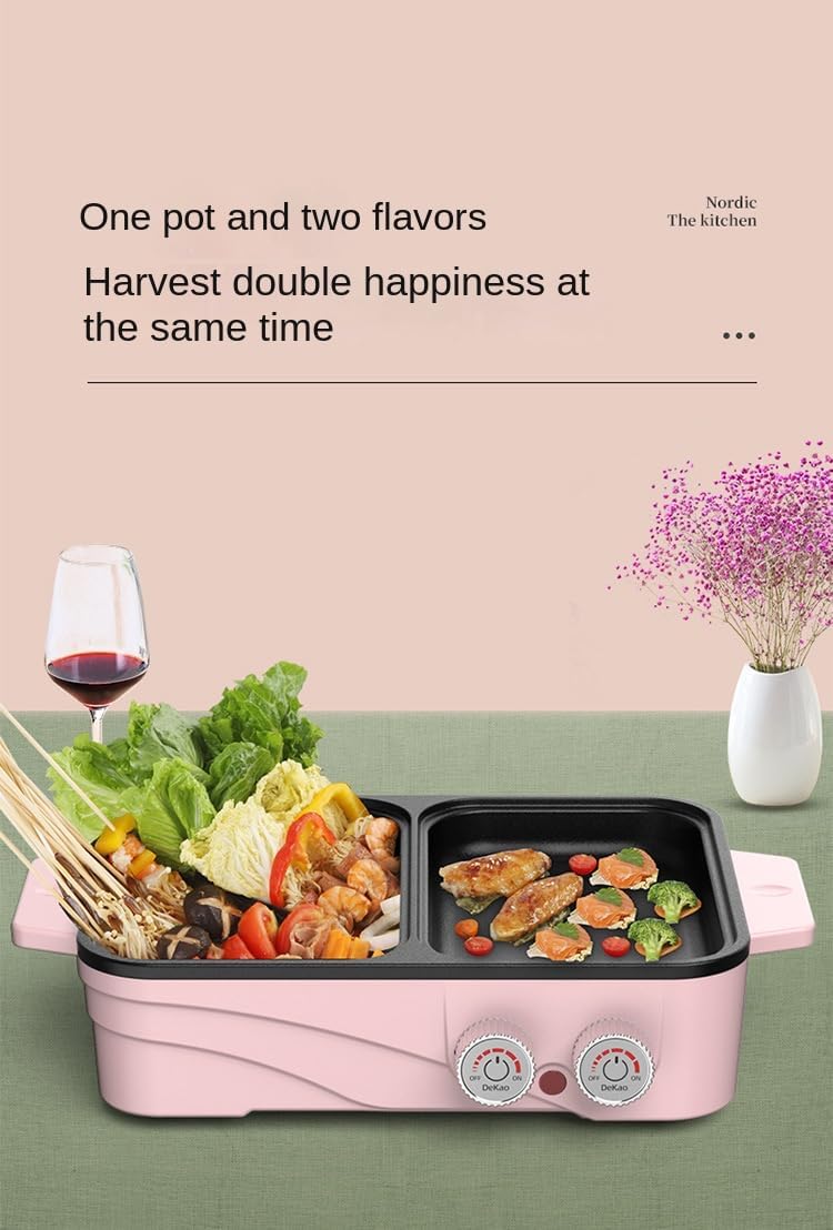 Hot Pot with Grill, 1500W Adjustable 2-in-1 Multifunctional Electric Oven, Suitable for 2-3 People, smokeless Barbecue hotpot, can be Fried or Fried (Pink)