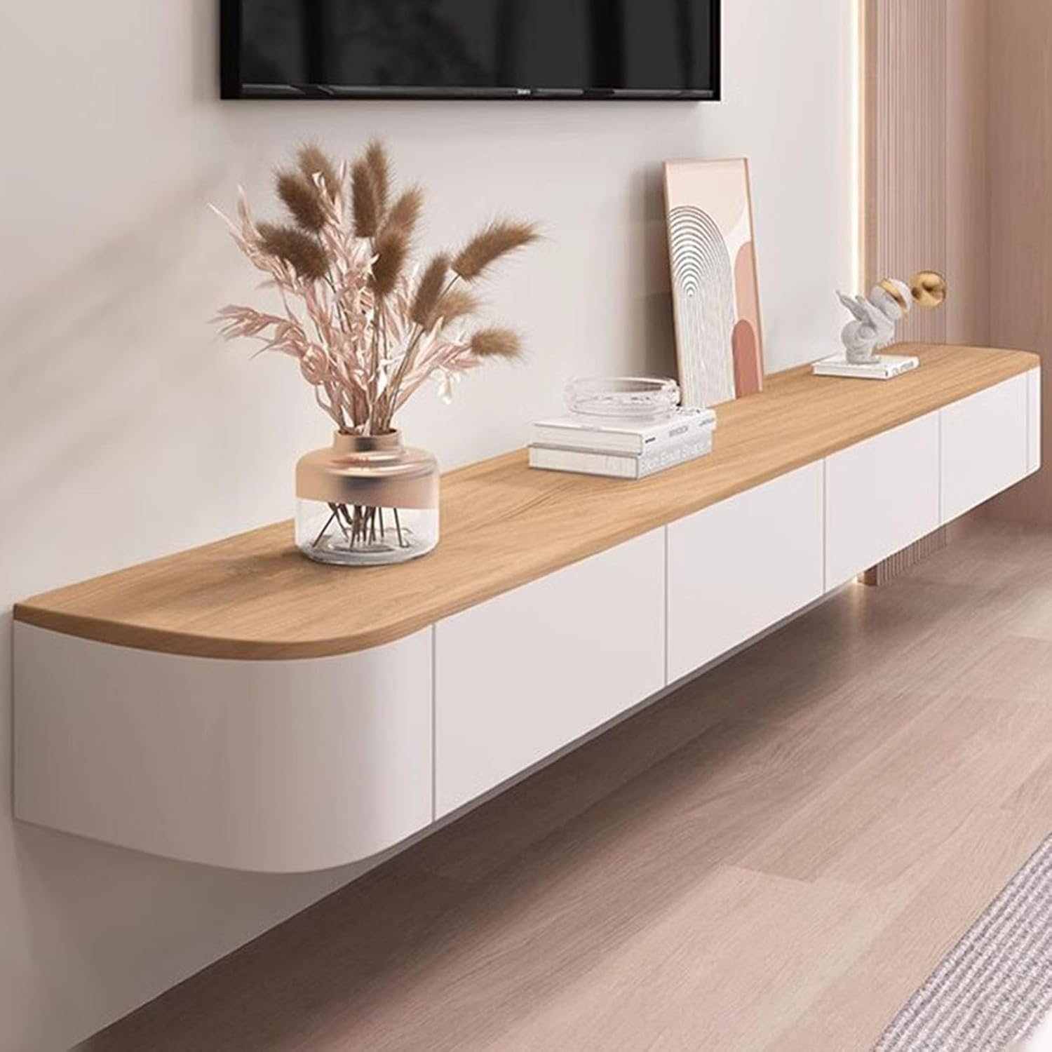 Meuble TV Suspendu, Meuble TV Flottant, Noir Meuble Télévision Mural en Bois Massif avec 2 Tiroirs, Design Élégant et Suspendu, Étagère de Rangement pour Salon ou Chambre (Couleur Bois, 220cm)
