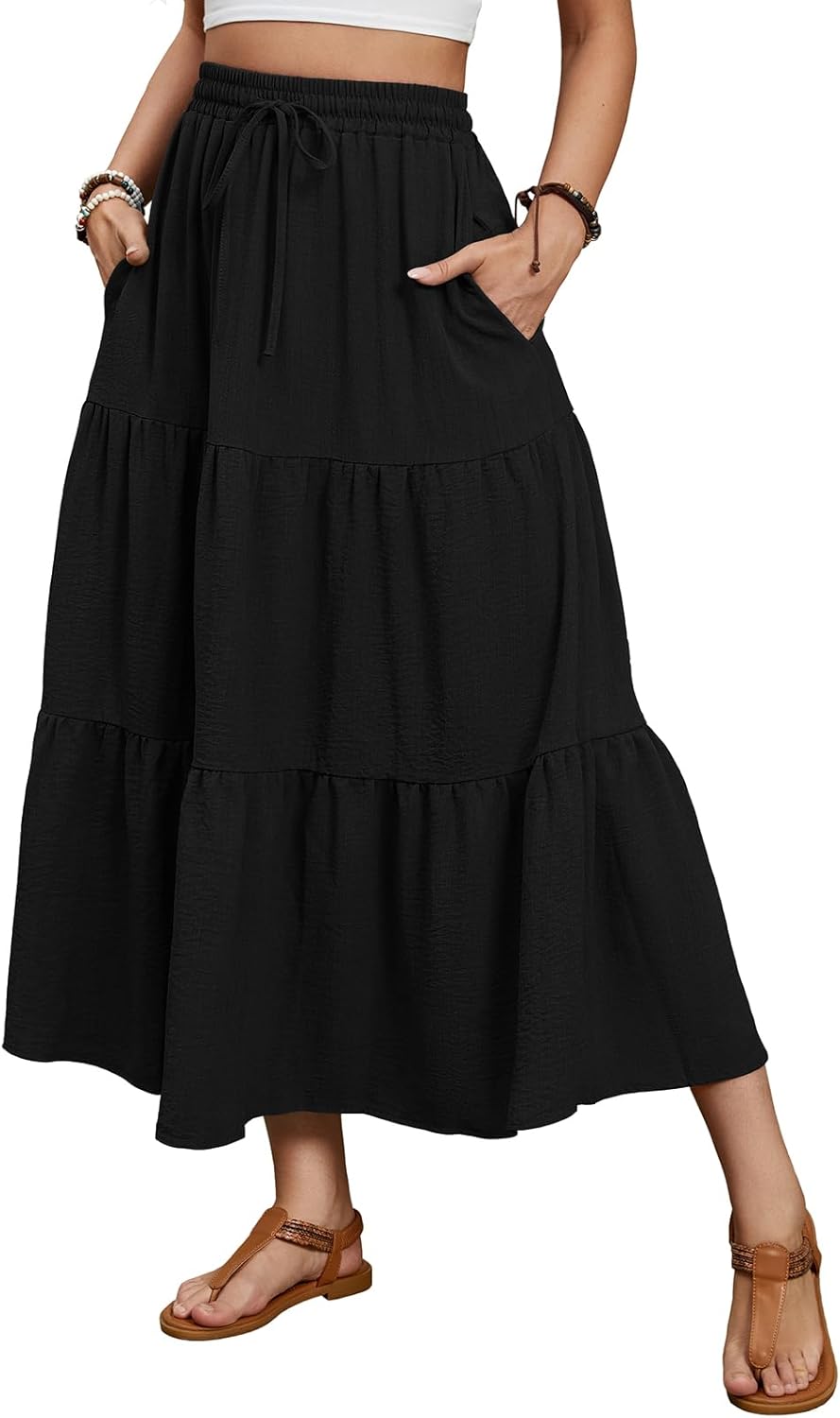 Lyrur Maxi Skirts for Women 2024 Summer Elastic High Waist A-Line Flowy 3-Layer Tiered Ruffle Long Skirt with Pockets Small Black