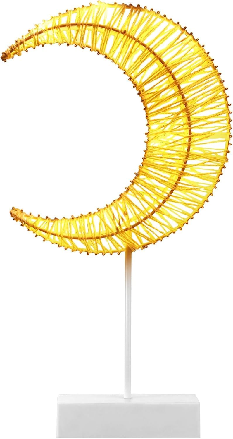 Lewondr Decorative Table Lamp, Battery Powered Christmas Ramadan Moon Lamp Winding Cotton Thread Warm LED Crescent Light Battery Powered Lamp Xmas Home Romantic Bedside Lamp Nightstand Light, White