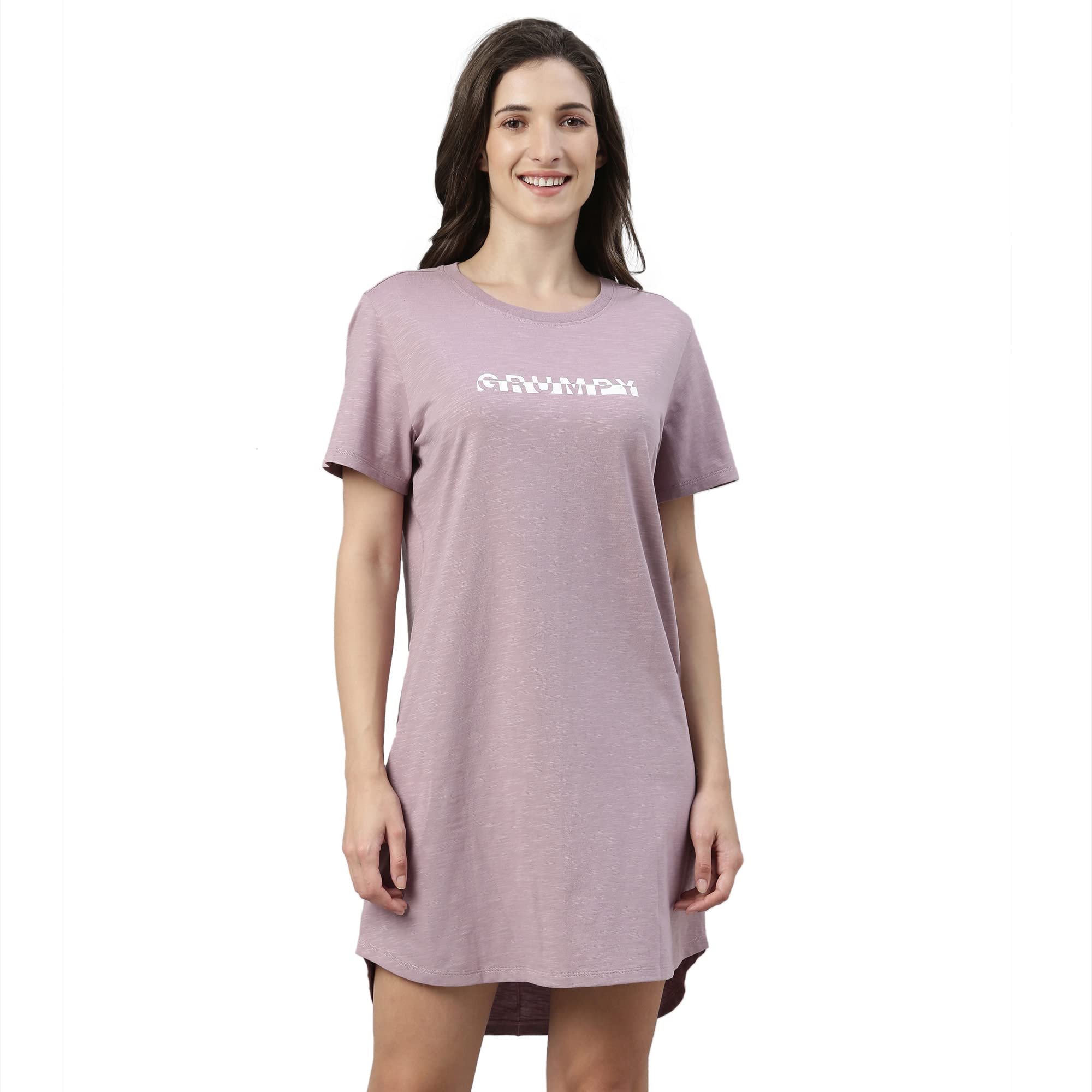 Enamor Essentials Short Sleeve Round Neck Relaxed Fit Cotton Mini Lounge Dress for Womens-E802