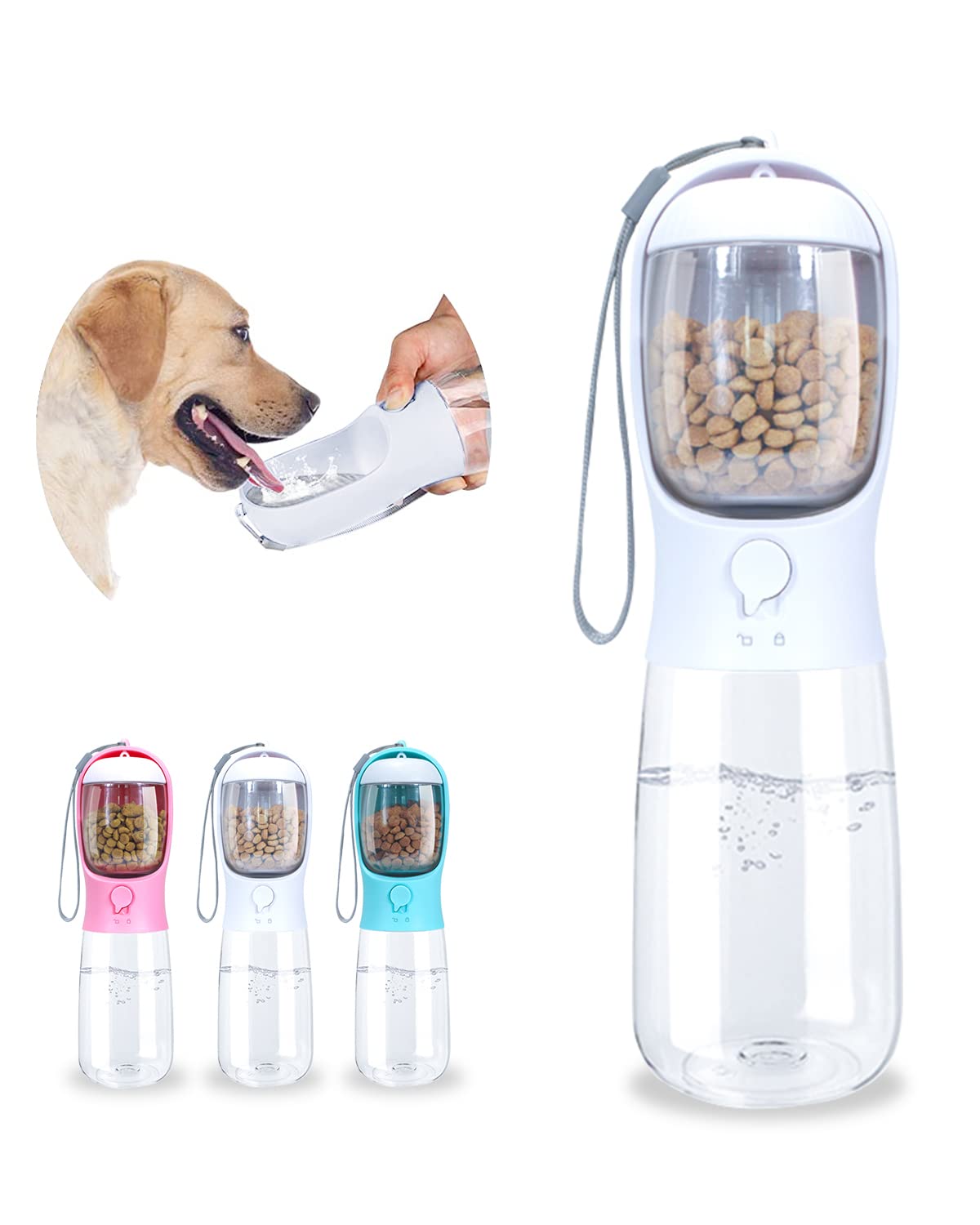 Paoakaola Dog Water Bottle, 2 in 1, Leak Proof Portable Pet Water Bottle with Food Container, Outdoor Portable Water Dispenser for Dog, Puppy Supply for Walking, Hiking, Camping, Travel (19oz White)