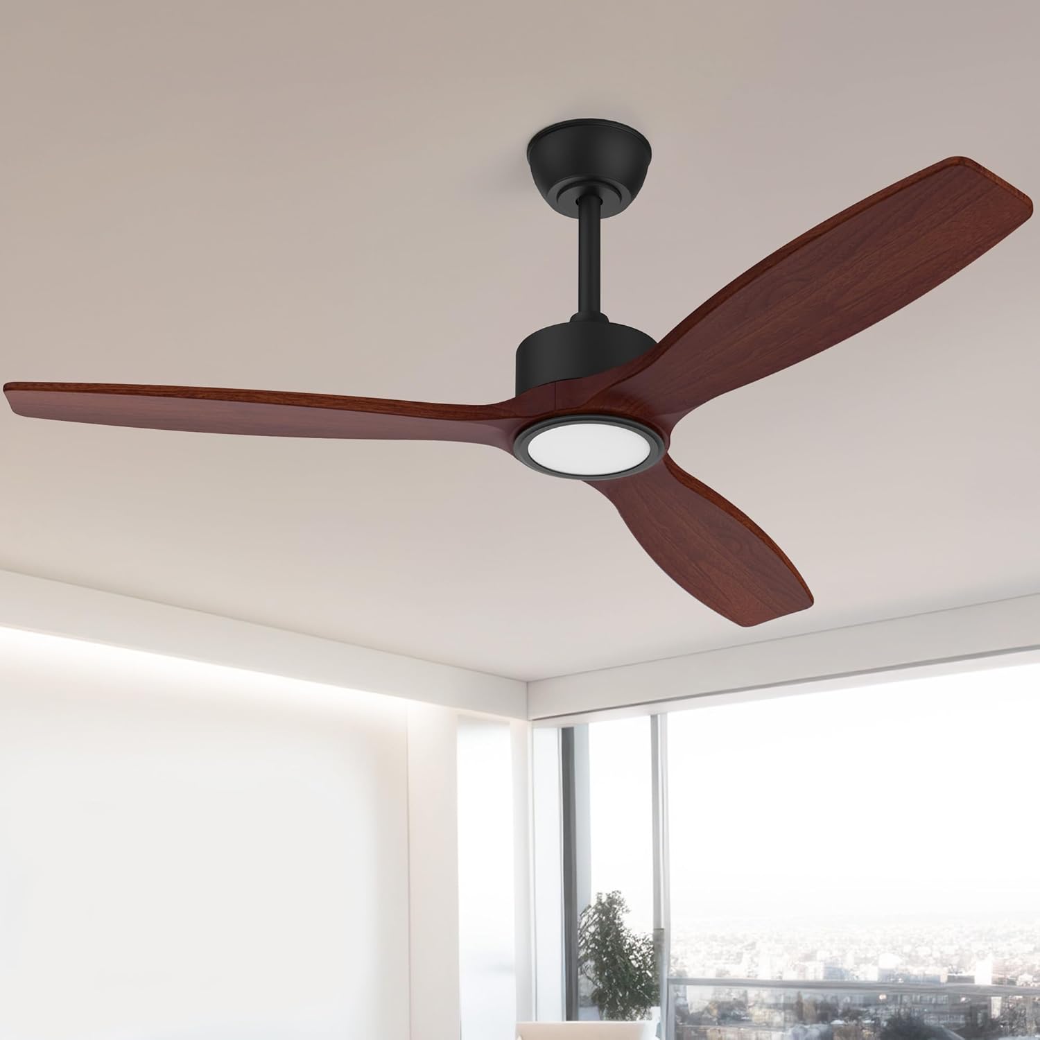 52" Wood Ceiling Fan with Lights and Remote Control, 3 Walnut Ceiling Fans Blades, Quiet DC Motor, 6-Speed with Timer, Modern Ceiling Fa with Lights for Indoor/Outdoor Living Room Patio Porch