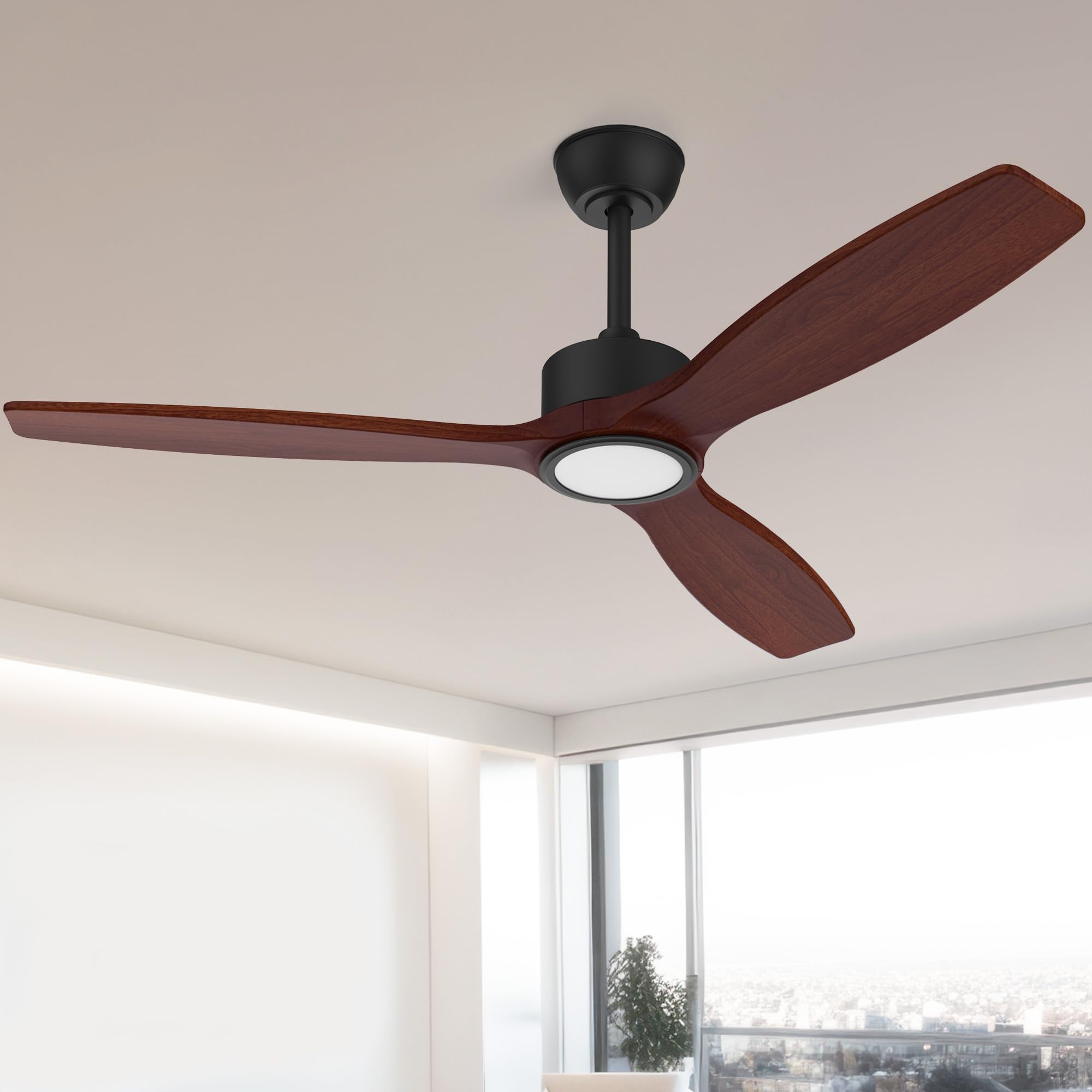 52" Wood Ceiling Fan with Lights and Remote Control, 3 Walnut Ceiling Fans Blades, Quiet DC Motor, 6-Speed with Timer, Modern Ceiling Fa with Lights for Indoor/Outdoor Living Room Patio Porch