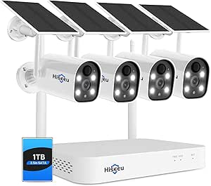 Hiseeu Solar Powered Wireless Security Camera System Outdoor, 10CH 4K NVR, AI Human Detection, 2-Way Audio, 4MP Security Solar Battery Cameras with Color Night Vision, IP66 Waterproof, 1TB HDD asin的图片