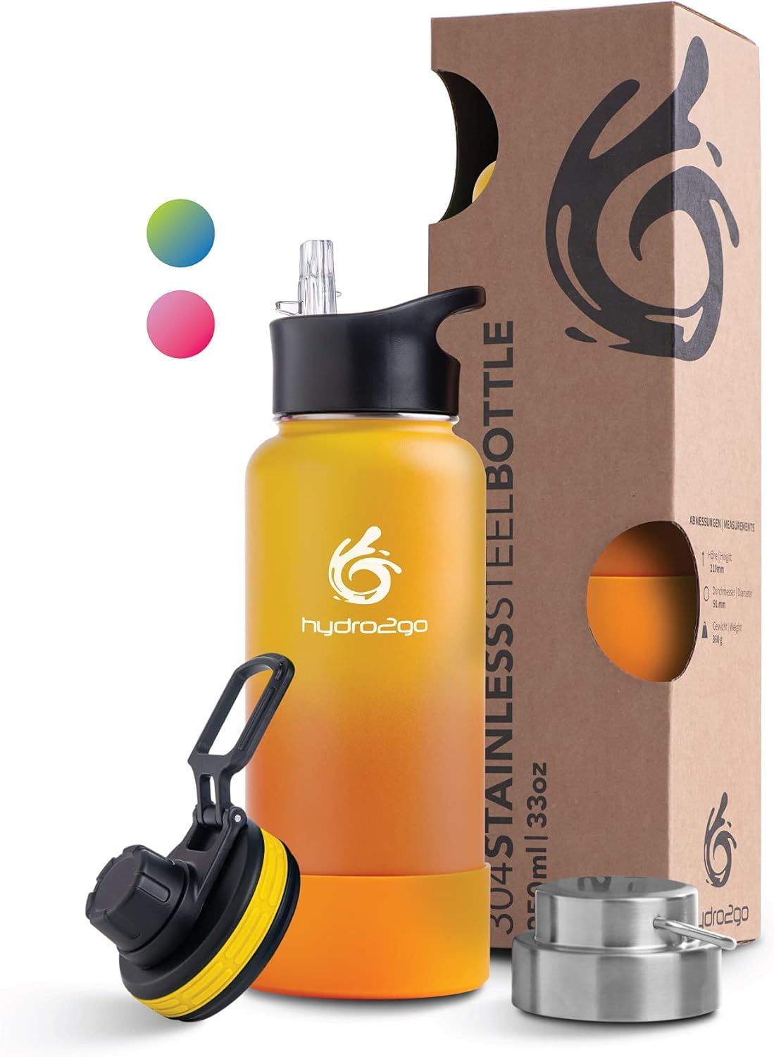 hydro2go Stainless Steel Bottle – BPA-Free, 3 Caps, Keeps Drinks Hot 12H & Cold 24H – For Kids, School, Sports & Outdoor – 950 ml (Sun)