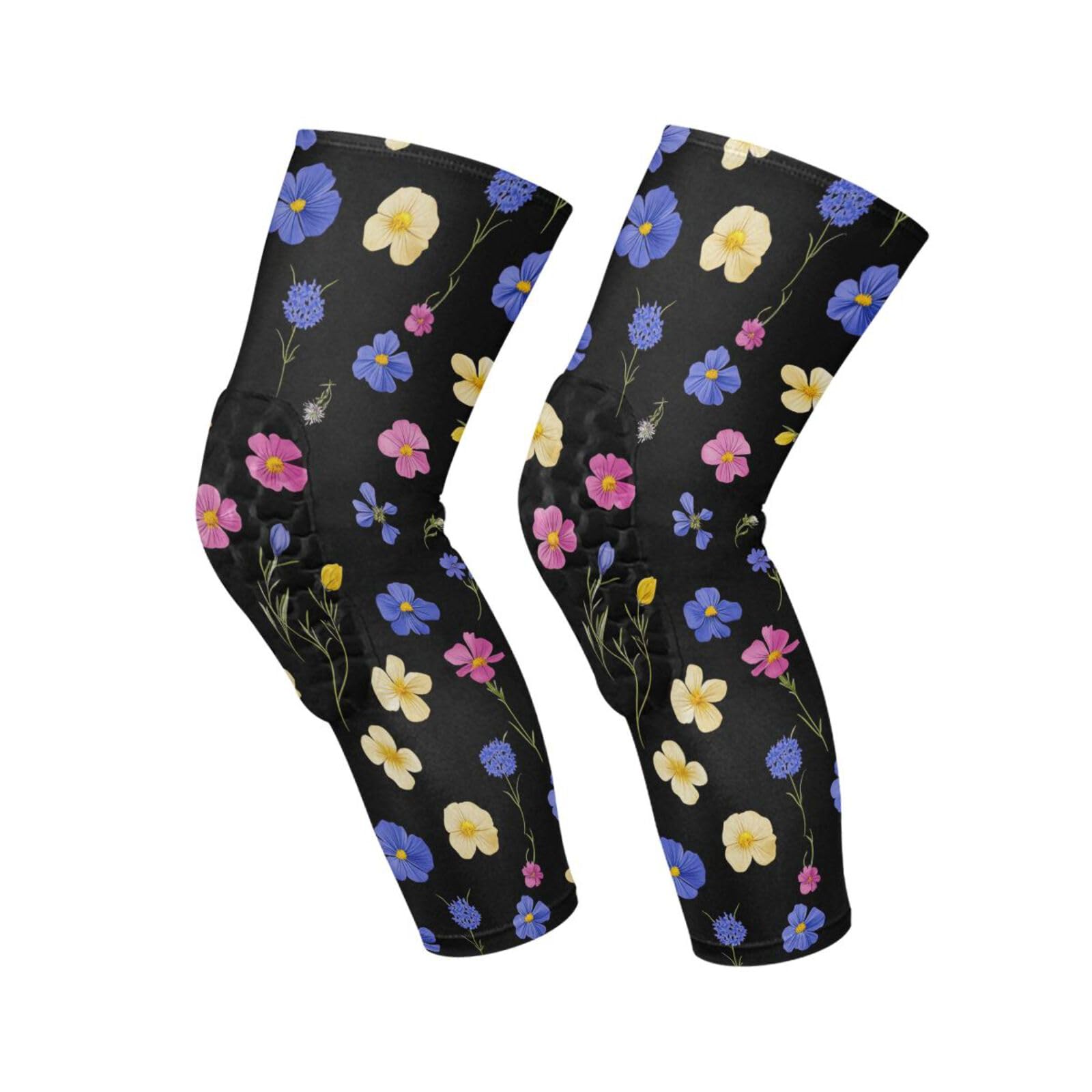 JUNZAN Colored Flowers in Black Basketball Knee Pads for Youth Kids Wrestling Knee Pads with Sleeves Sport Kneepads for Volleyball Football