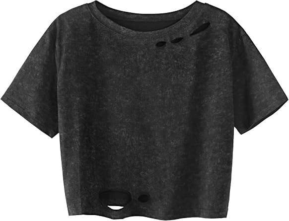 Hilinker Women Ripped Distressed Crop Tops Short Sleeve Vintage Tees Acid Wash Cropped T Shirts