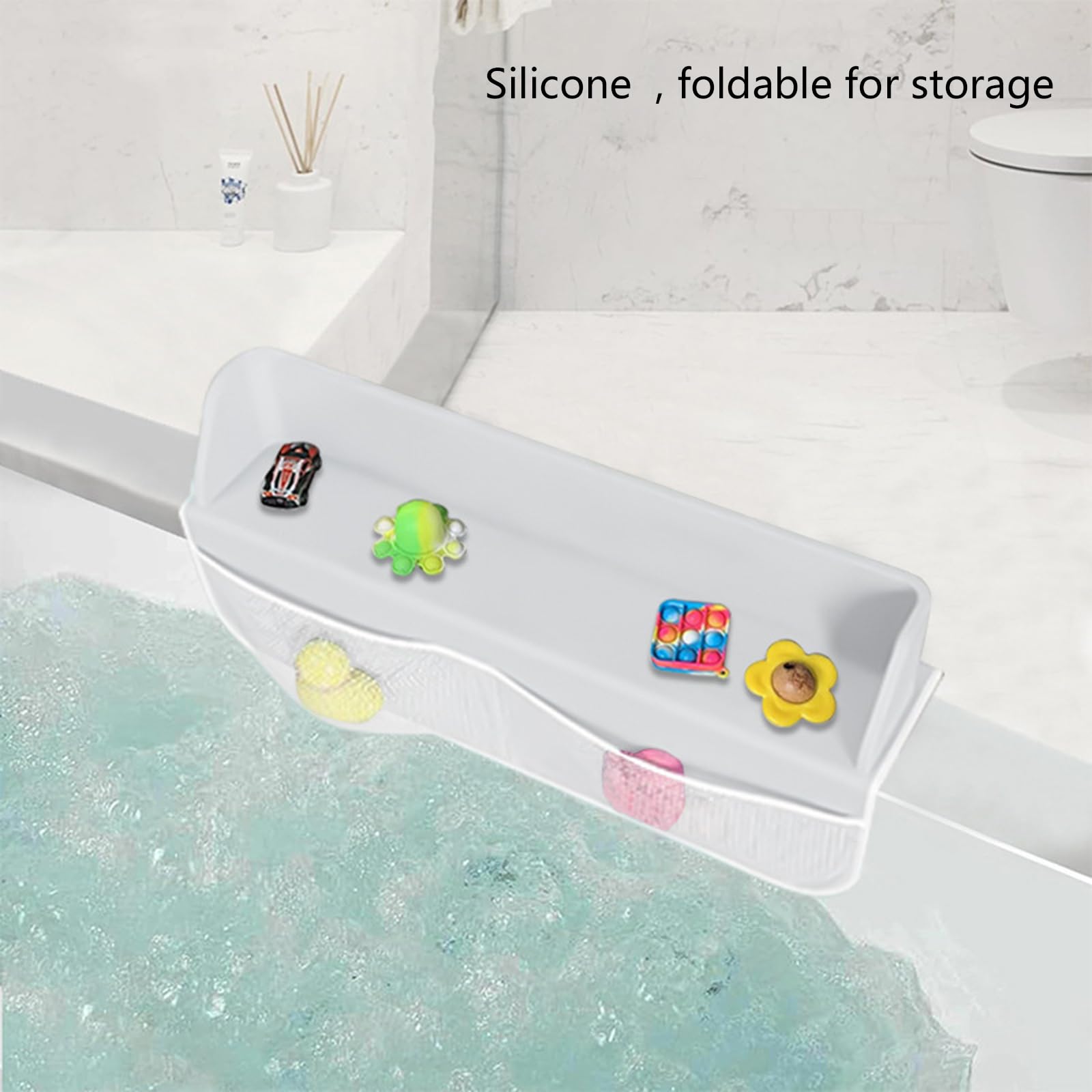 Organizzatore Giocattoli paraspruzzi per Vasca da Bagno in Silicone con Scomparti Multipli per Forniture da Bagno per Bambini Accessorio da Bagno Multifunzionale