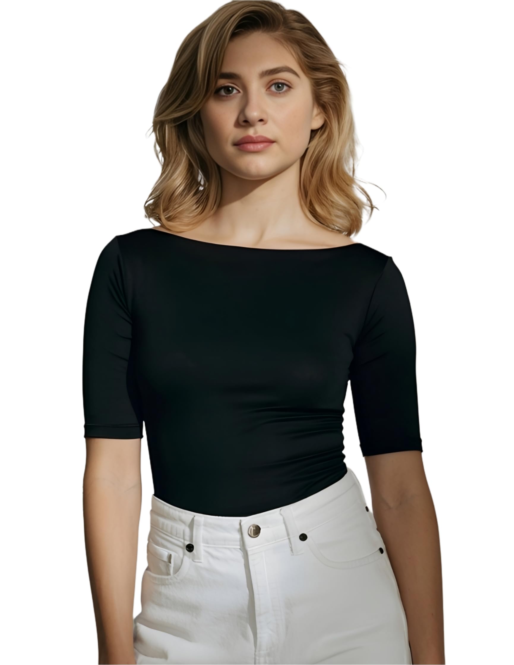 sightbomb SKIMS SOFTLINE Double Layered ''Seamless'' Boat Neck Half Sleeves Cuddle TEE Formal WEAR/Active WEAR Afford LUX Edition TOP for Women-picture-20