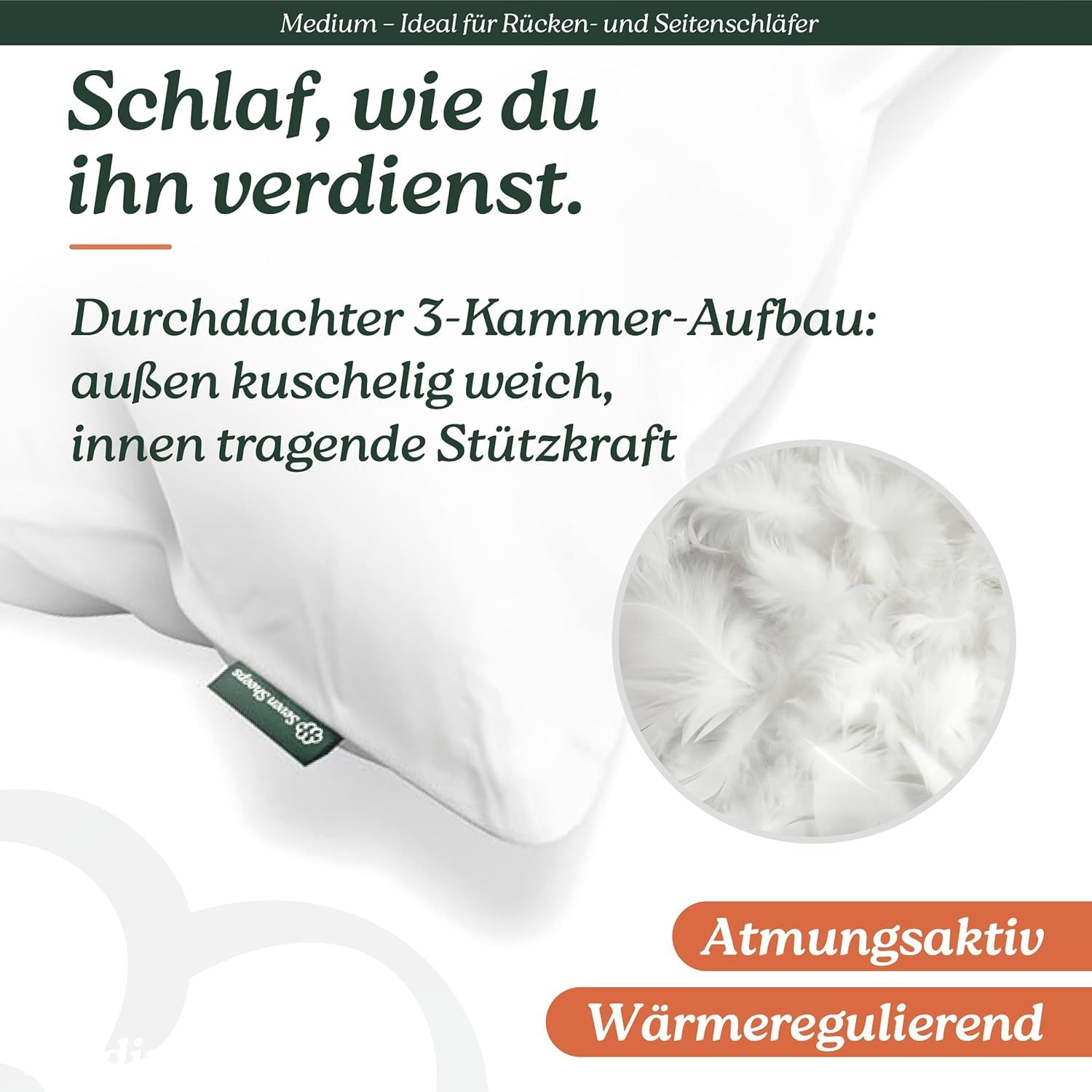 Daunenkissen 80x80 Medium, 3-Kammer Kopfkissen, Rücken- & Seitenschläfer | Rücken- & Seitenschläfer, stützend, DOWNPASS (kein Lebendrupf), Oeko-Tex, Dermatest getestet, 40°C waschbar, trocknergeeignet