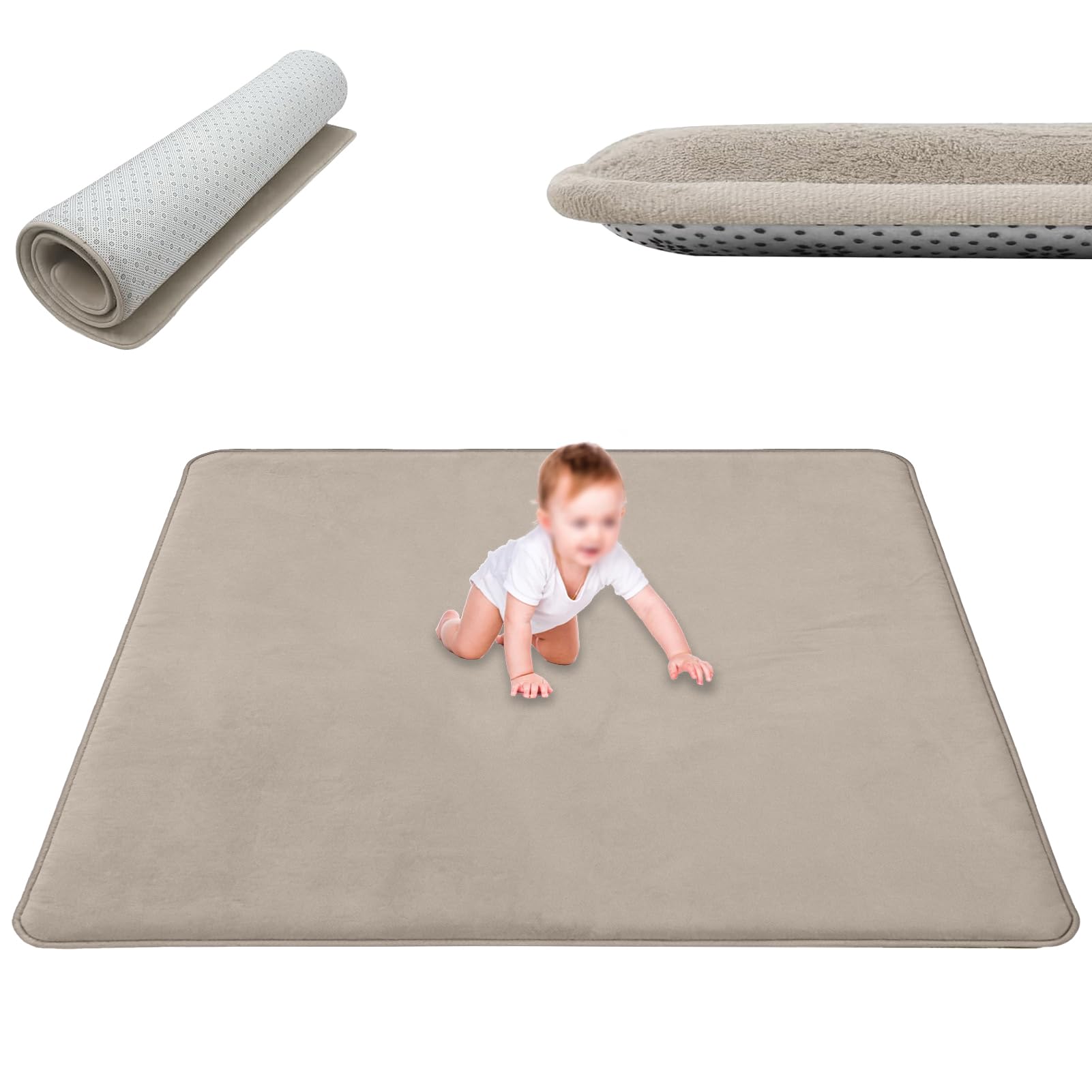 Baby Crawling Mat Large Coral Velvet Baby Play Mat 2 cm Thick Playmat for Babies, Nursery Rug for Toddlers Infants Non-Slip Area Rug Activity Floor Mat for kids Playroom Bedroom Beige 40 x 60 cm — image 1