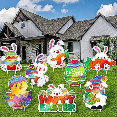 8 Pcs Easter Yard Signs with Stakes Laser Happy Easter Lawn Sign Decorations Easter Decal Garden Sign Outdoor Bunny Egg Chick Yard Welcome Signs for Easter Home Garden Yard Party Supplies Props
