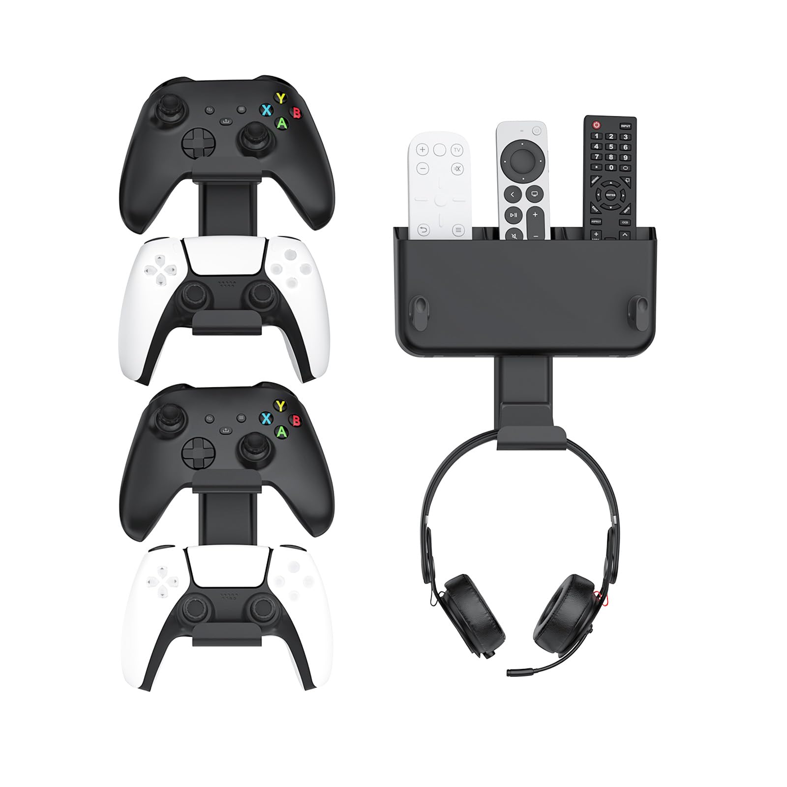 Controller &amp; Headset &amp; Remote Holder Wall Mount with No Drill, 2 Packs Gaming 4 Controllers Hanger Hook Mount for PS5/PS4/XBOX/Switch, Headphone Stand &amp; Remote Control Holer Wall Shelf with Adhesives