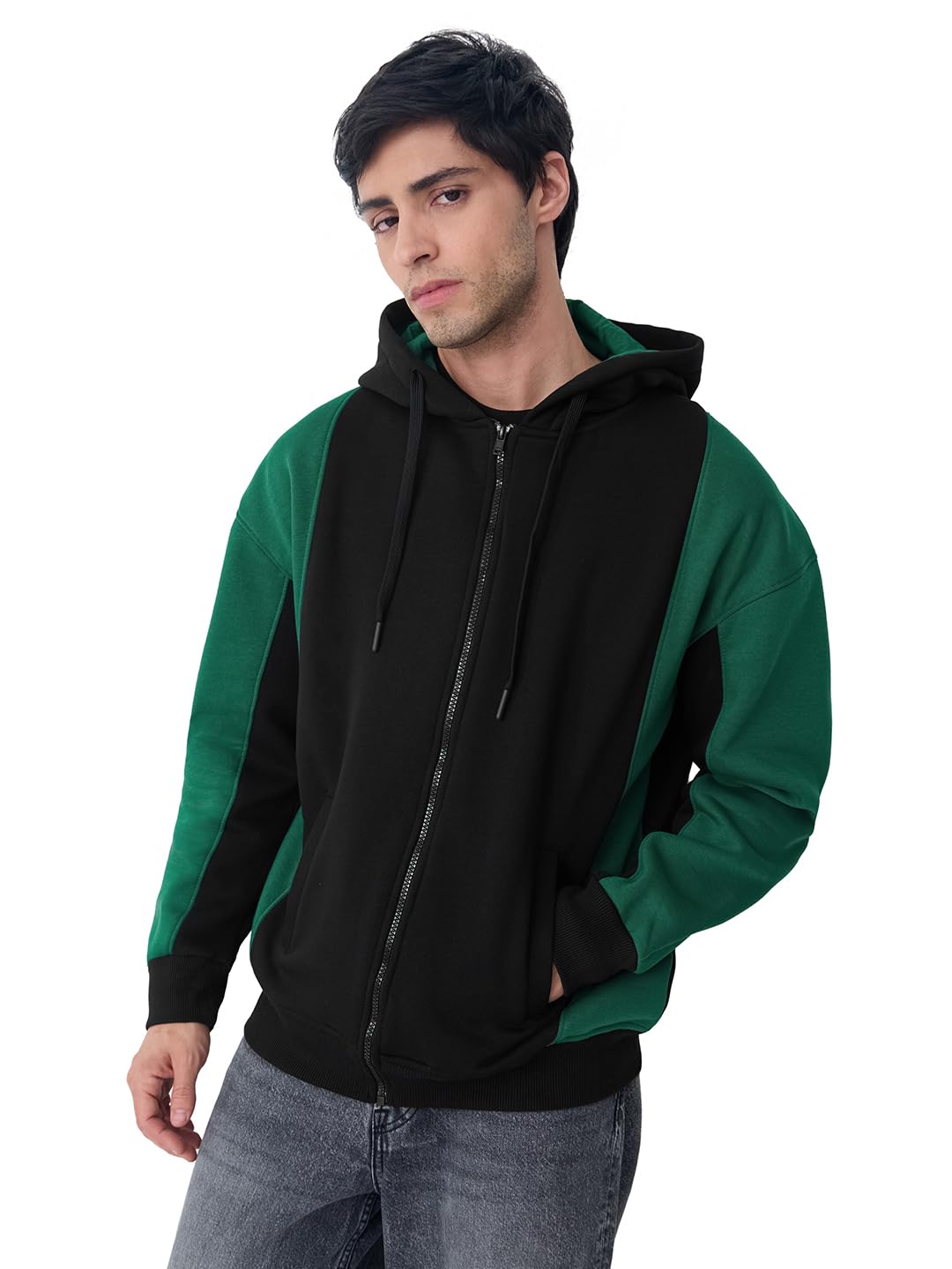Noir Men and Boys Full Sleeves Hooded Neck Black and Green Colour-Block Polyester Oversized Fit Heavy Fleece Winter Wear Zipper Hoodie-image-21