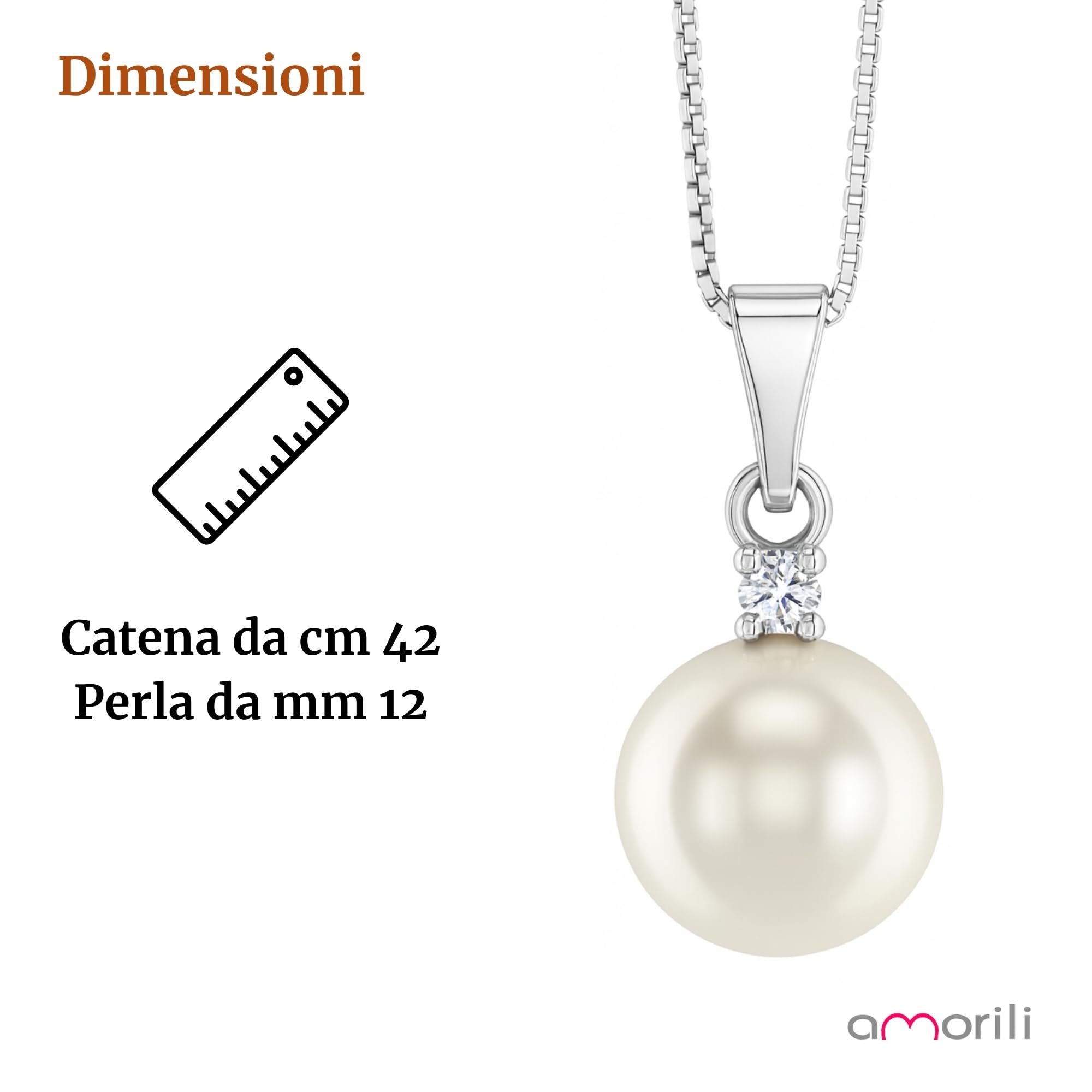 Collana Donna con Ciondolo Perla 12 mm in Argento 925 con Zircone – Gioiello Elegante, Regalo Raffinato per Donna, Accessorio Moda Cerimonia, Matrimonio, Compleanno