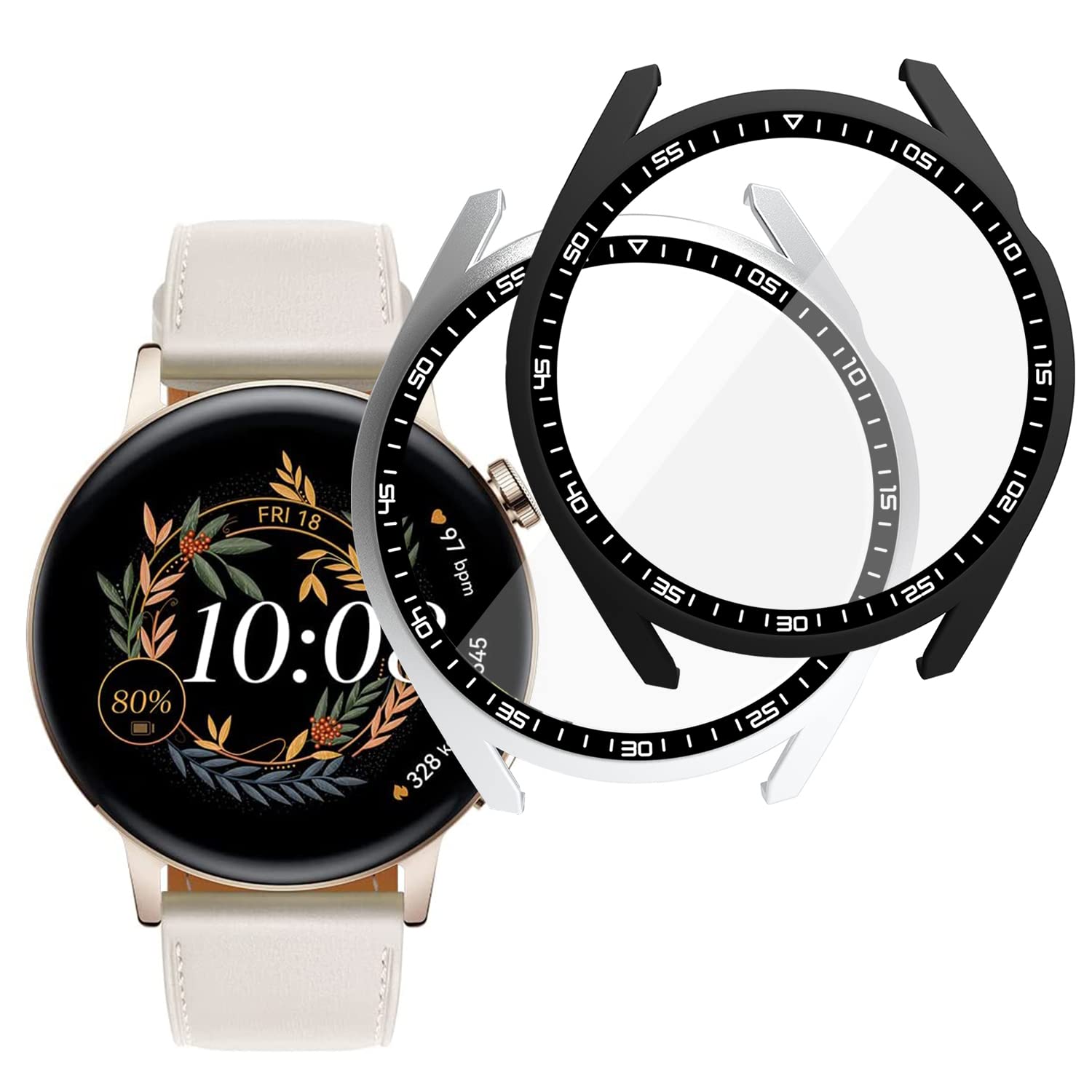 Acadeny 2 pezzi Custodia rigida compatibile con Huawei Watch GT3 42mm con pellicola protettiva,Con scala, 9H Durezza Hart PC Case sottile in vetro temperato per Smart, argento nero