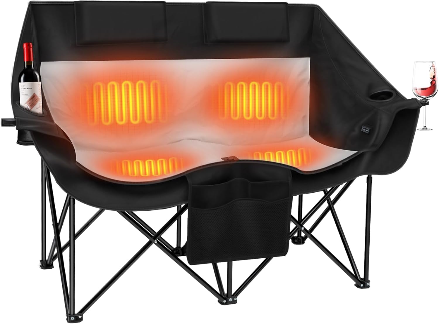 Heated Double Camping Chair,Dual Control Switches,Heated Camping Chair with 3 Heat Levels Heated Folding Chair Supports 550 lbs for Outdoor Sports Lawn Picnics