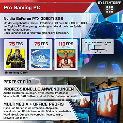 SYSTEMTREFF® Gaming Komplett PC Set AMD Ryzen 7 5700X 8x4.6GHz | Nvidia GeForce RTX 3060Ti 8GB DX12 | 1TB M.2 NVMe + 512GB SSD | 16GB DDR4 RAM | WLAN Desktop Paket Computer für Gamer, Gaming – Bild 6