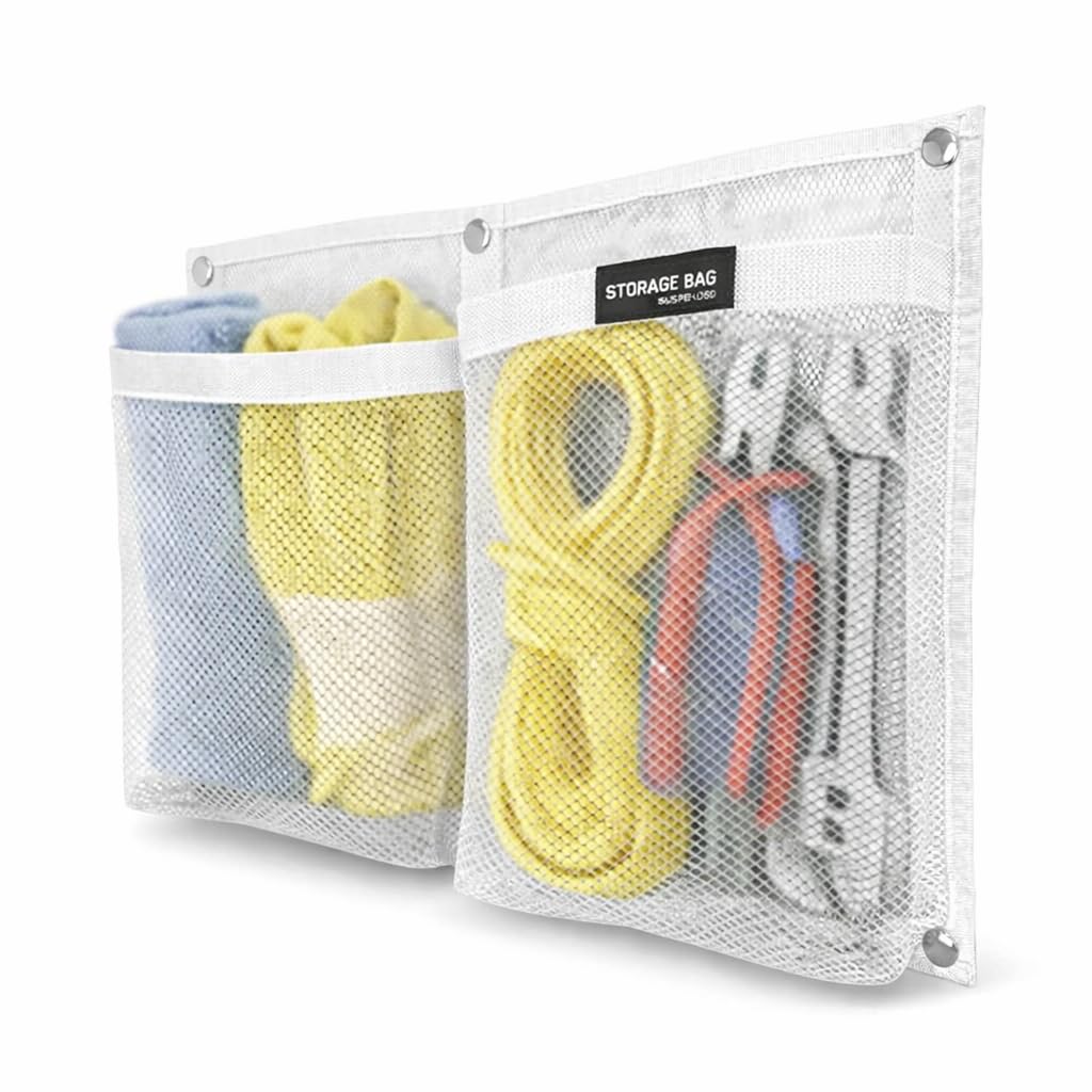Marine Mesh Double Pocket Boat Gear Storage Bag, Polyester Boat Rope Storage Bag, Screw Snap Mount, (White, Large)