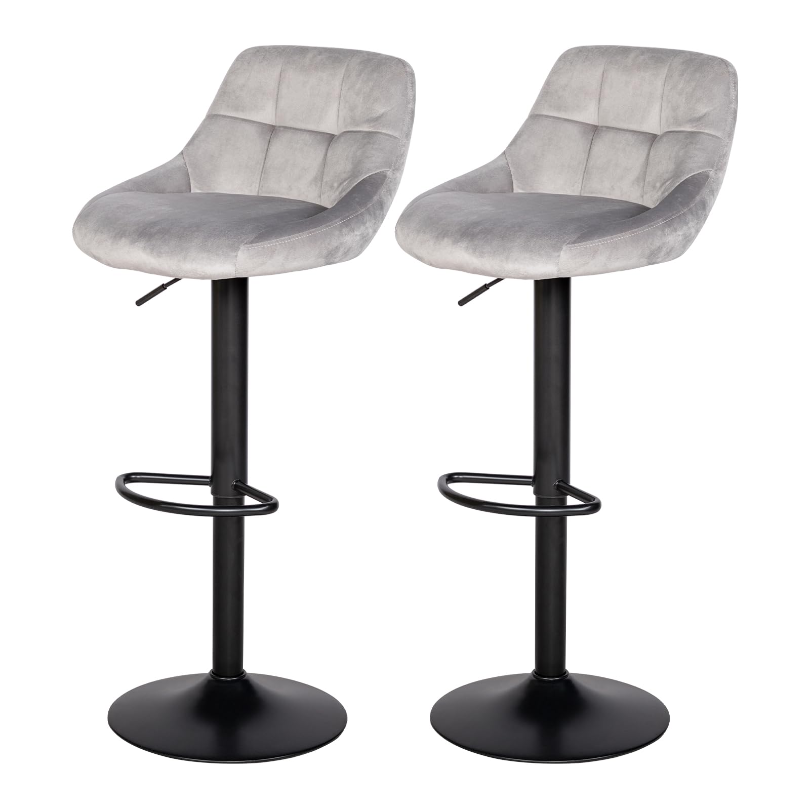 buybyroom High Kitchen Stools, Set of 2 Adjustable Height Bar Stools with Backrest and Footrest, 360° Swivel, High Chairs for Island Kitchen Bar Dining Room, Soft and Comfortable Velvet, Grey