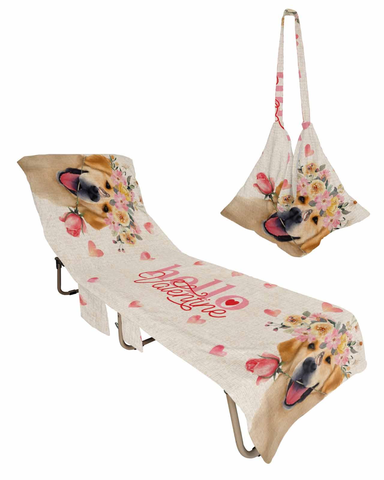 Valentine's Day Beach Chair Towel Covers for Chaise Lounge with Side Pocket, Soft Plush Pool Towels Cover for Patio Sunbathing Outdoor 29''x85'' Vintage Rose Flower Watercolor Dog