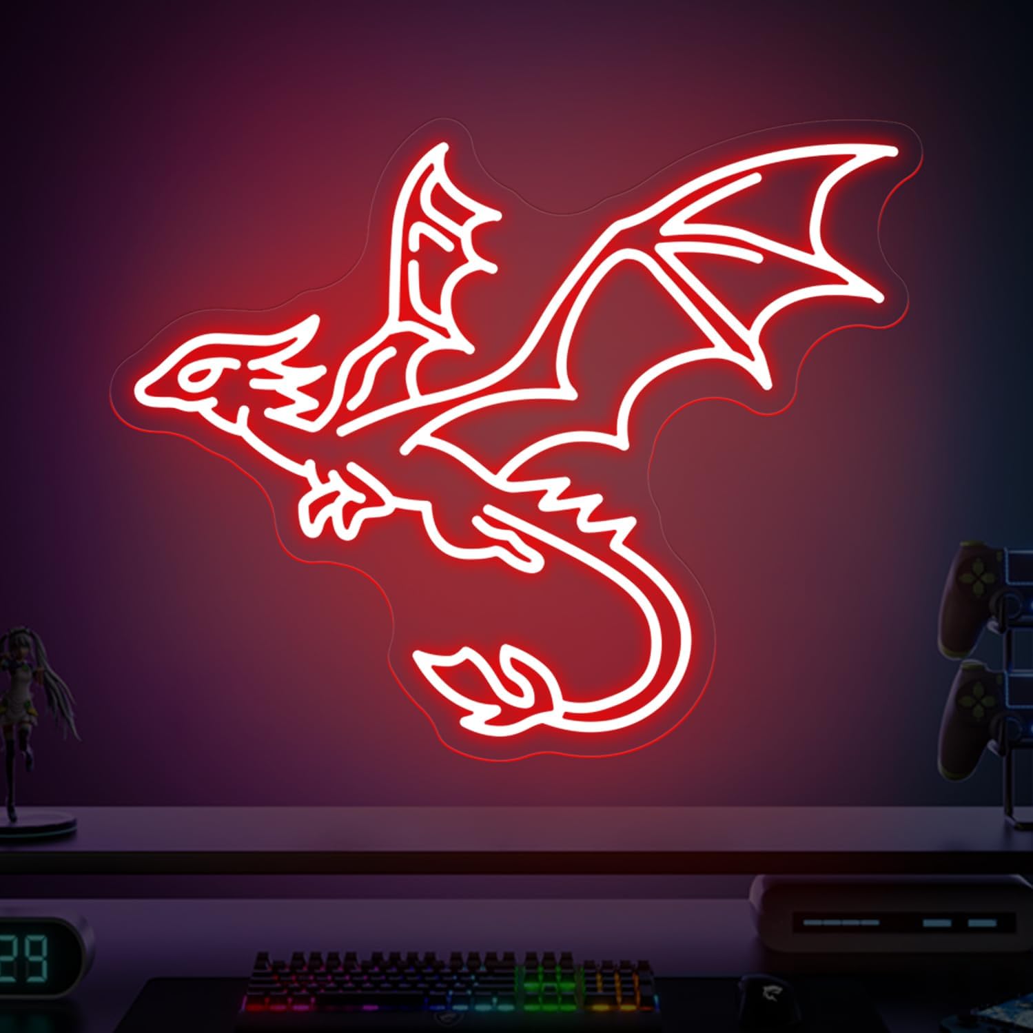 Dragon Neon Sign, Dimmable USB LED Light for Wall Decor, Cool Flying Dragon Neon Light for Gaming Room Bedroom Man Cave, Perfect for Gamers & Fantasy Fans-Red