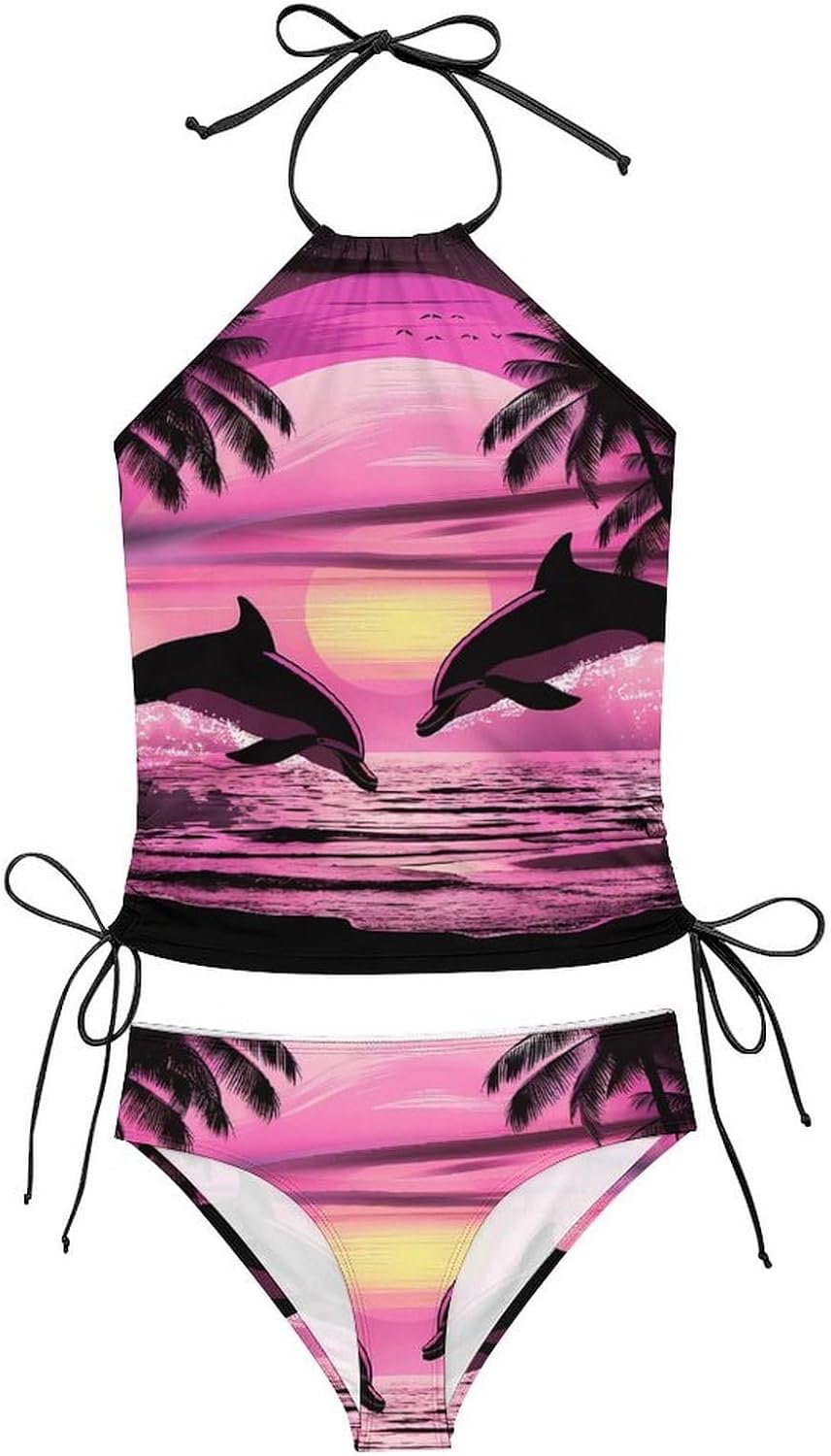 Two Dolphins Sunset Palms Women's Tankini Swimsuit Two Piece Tummy Control Bathing Suits Tie String Swimwear