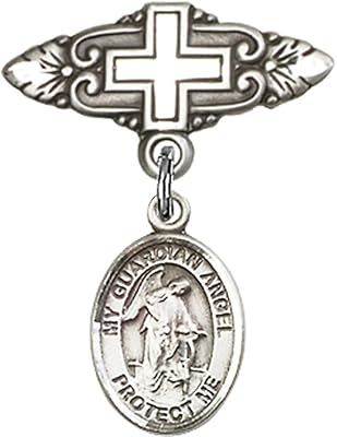 Sterling Silver Baby Badge with Guardian Angel Charm and Badge Pin with Cross 1 X 3/4 inches