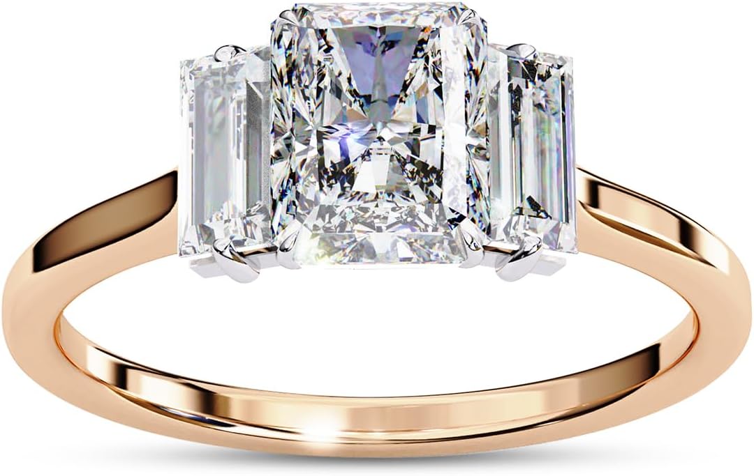 Three Stone Engagement Ring for Women, Center 7x5mm Radiant Cut Lab Created Moissanite Promise Rings in 10K / 14K Solid Gold or 925 Sterling Silver Jewelry