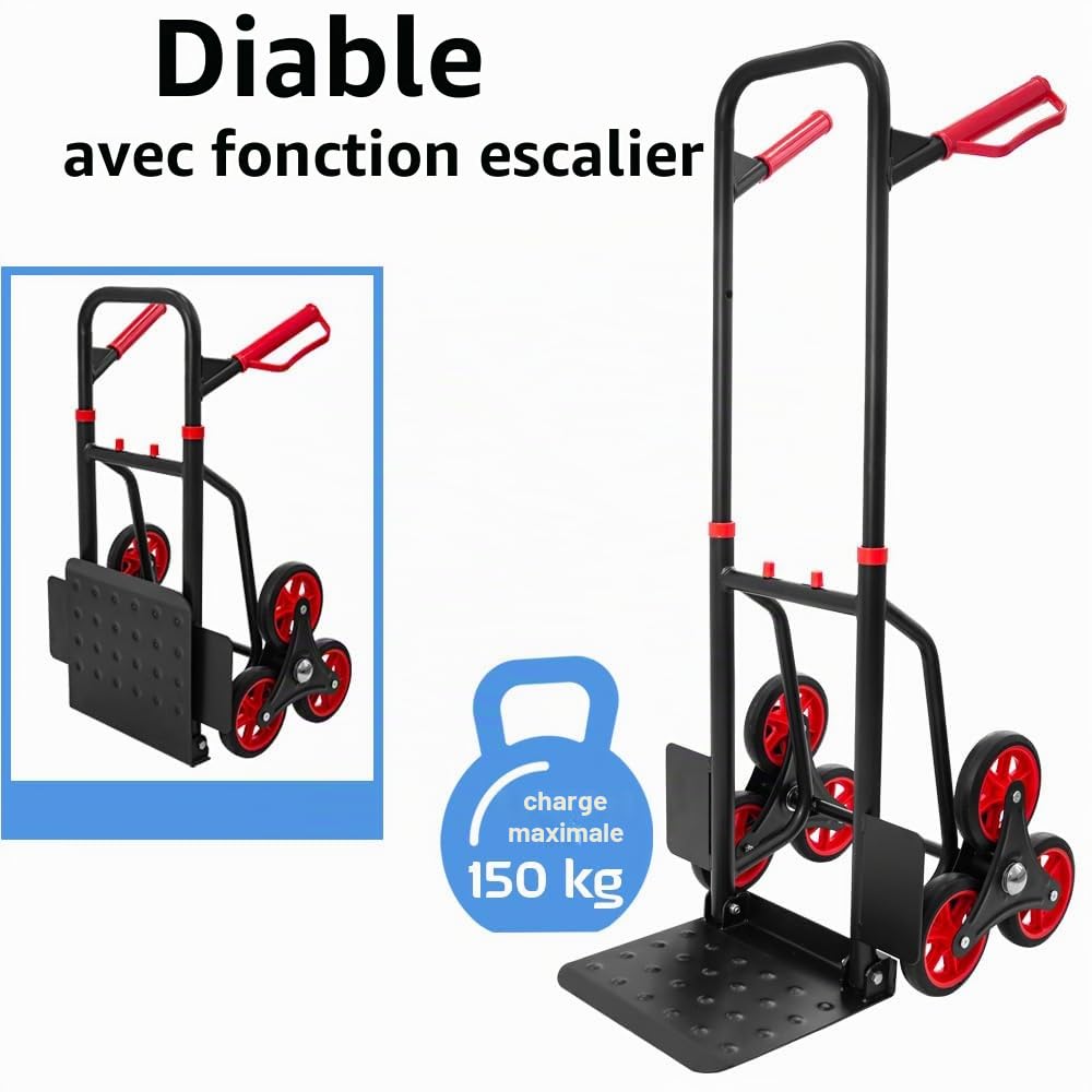 Trucky Diable d'escalier - 150 kg - Pliable - Noir - En acier