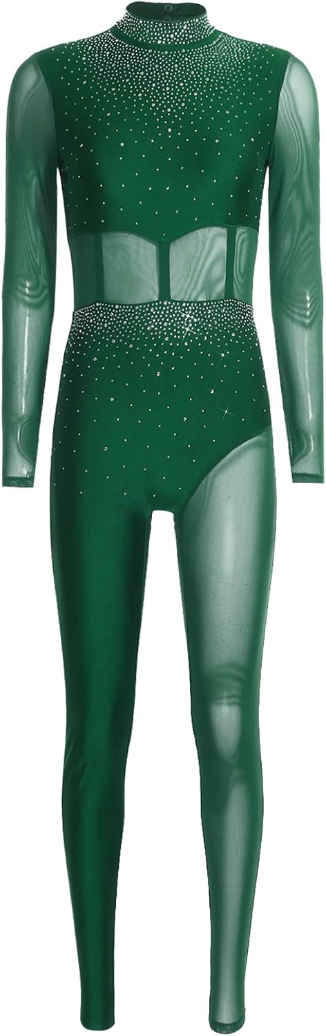 Shinsto Women's Rhinestone Gymnastics Unitard Long Sleeve Sheer Mesh Patchwork Ice Skating Jumpsuit