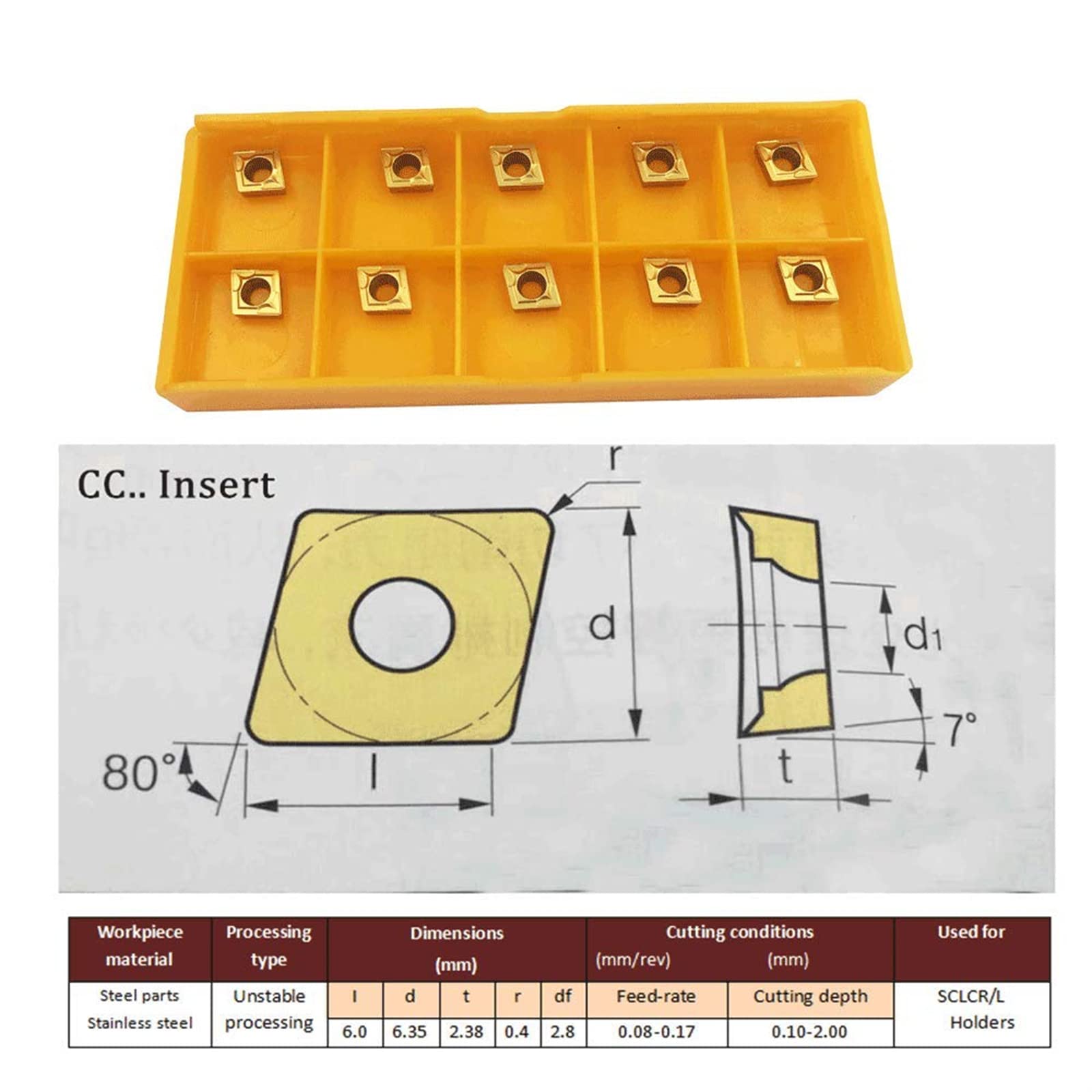 Portaherramientas de Torno CNC, 5 Piezas S06K/S07K/S08K/S10K/S12M-SCLCR06+10 Piezas Insertos de Carburo CCMT0602 + 5 Piezas Barra de Perforación de Torno con llave