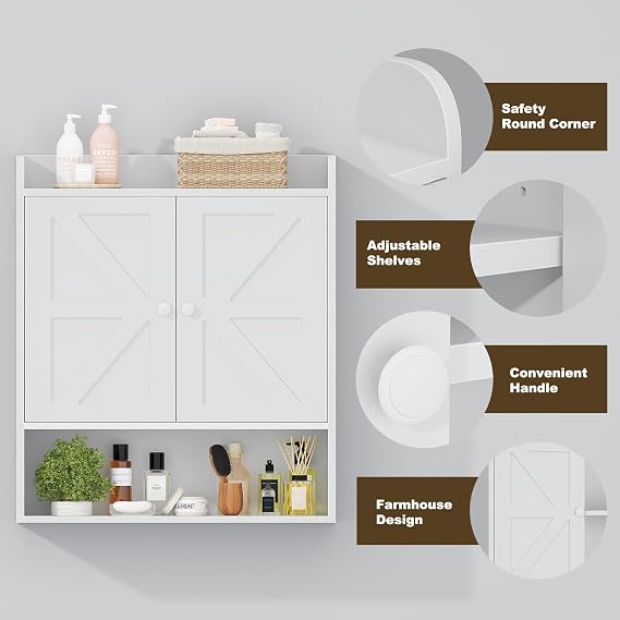 Bathroom Wall Cabinet, White Over-Toilet Storage with Adjustable Shelves