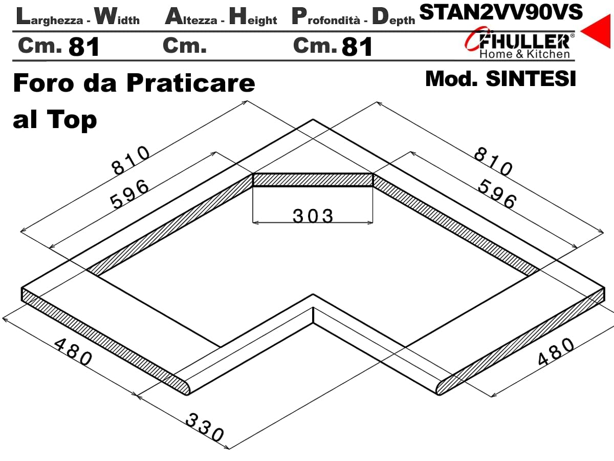 Lavello Incasso Cucina Angolare FHULLER Mod.SINTESI ANGOLO Art. STAN2VV90VS in Acciaio Spazzolato 83X83 2 Vasche Saldate 34X40 Profonde H 19,3 + Gocciolatoio. Made in Italy
