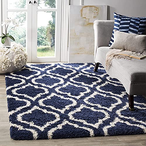 Image of Export Quality Microfiber Hand Woven Shaggy Carpet Collection with 2 inch Pile Height Carpet for Living Room & Bedroom Size 5x5 feet Round coular Blue /Ivory