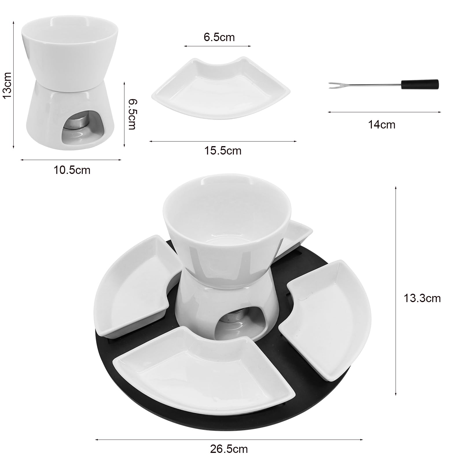 Ensemble de fondue au chocolat en céramique avec 4 fourchettes et 4 plats, chauffe-beurre en céramique, ensemble de fondue non électrique chauffant avec une bougie chauffe-plat, pour fromage