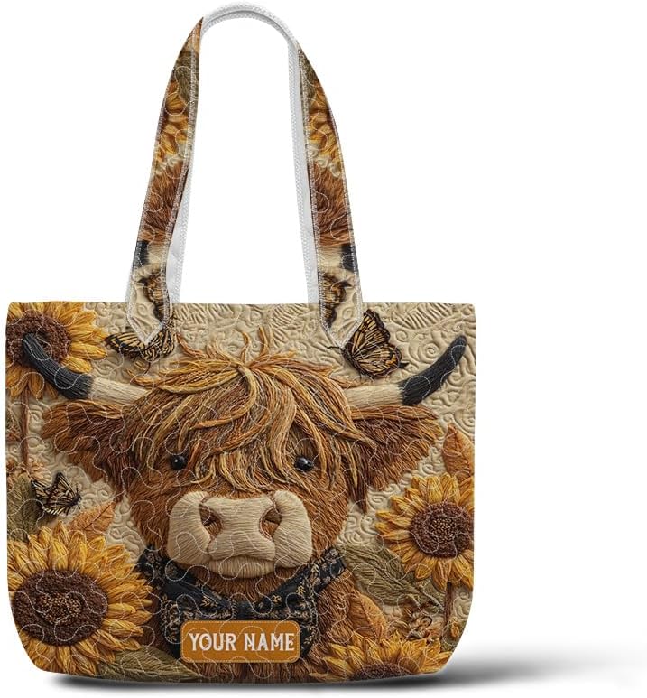 Personalized Quilted Highland Cow Tote Bag, Farmhouse Handbag Gift, Highland Cow Quilted Shoulder Bag for Women