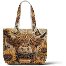 Personalized Quilted Highland Cow Tote Bag, Farmhouse Handbag Gift, Highland Cow Quilted Shoulder Bag for Women