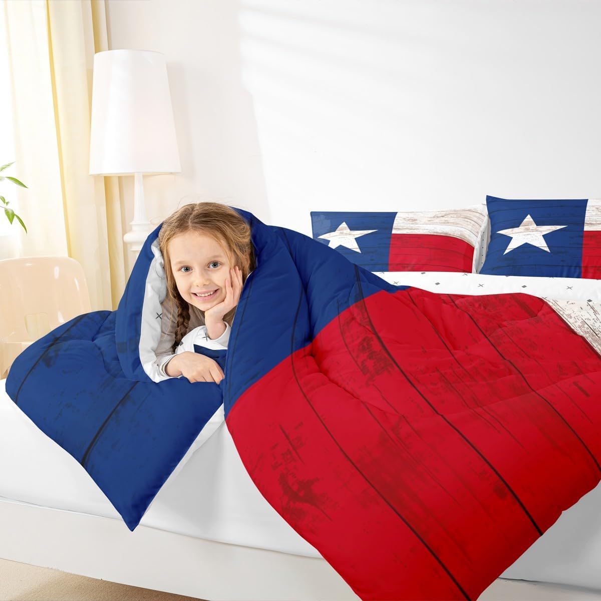 Erosebridal Western Texas Star Bedding Set Retro Vintage American Flag Quilt Cowboys Gifts for Women,Patchwork White Red and Blue Queen Comforter Set,Grunge Stars and Stripes Farmhouse Decor