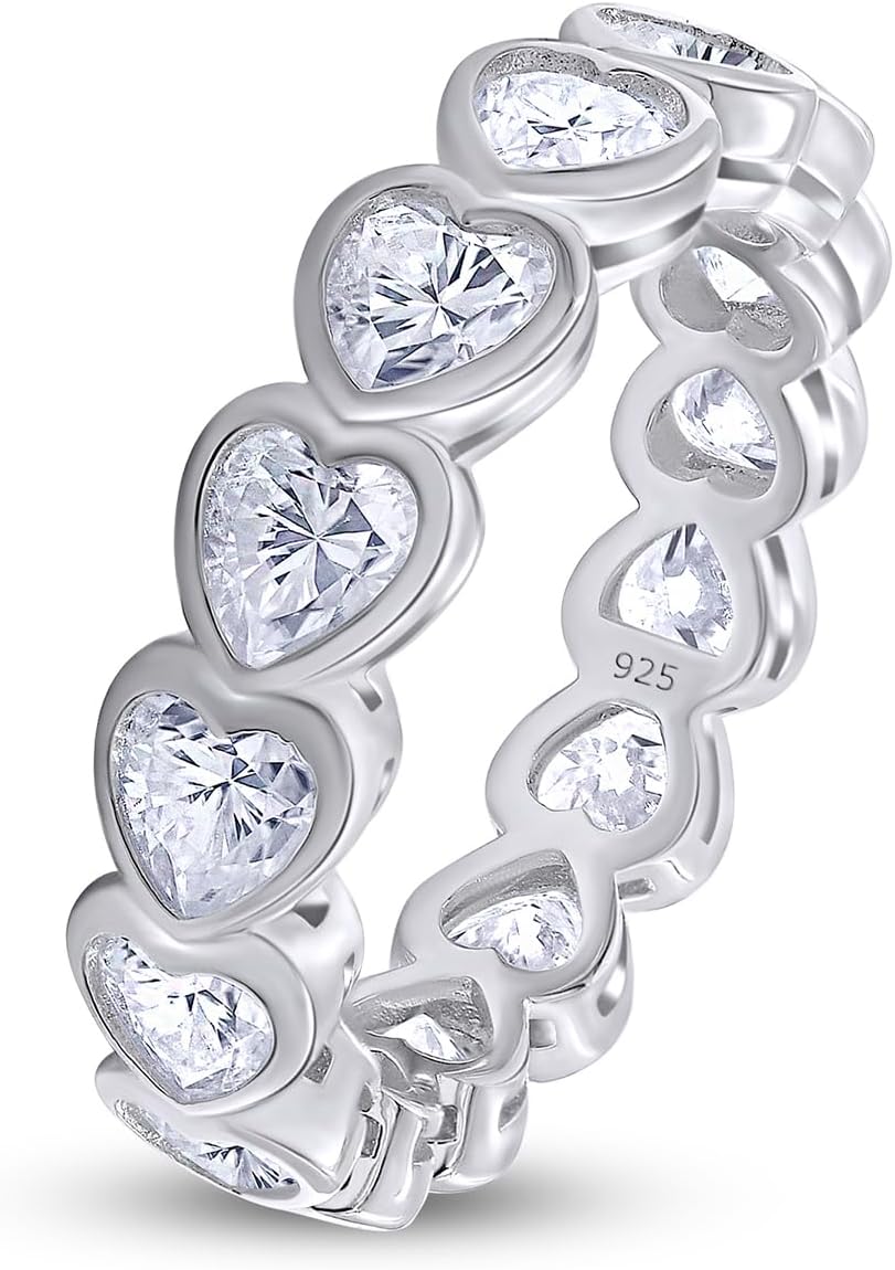 SAVEARTH DIAMONDS 4X4MM Heart Cut Lab Created Moissanite Diamond Full Eternity Heart Promise Stackable Bezel Set Wedding Band Ring For Women In 14K Gold Over 925 Sterling Silver (VVS1 Clarity)