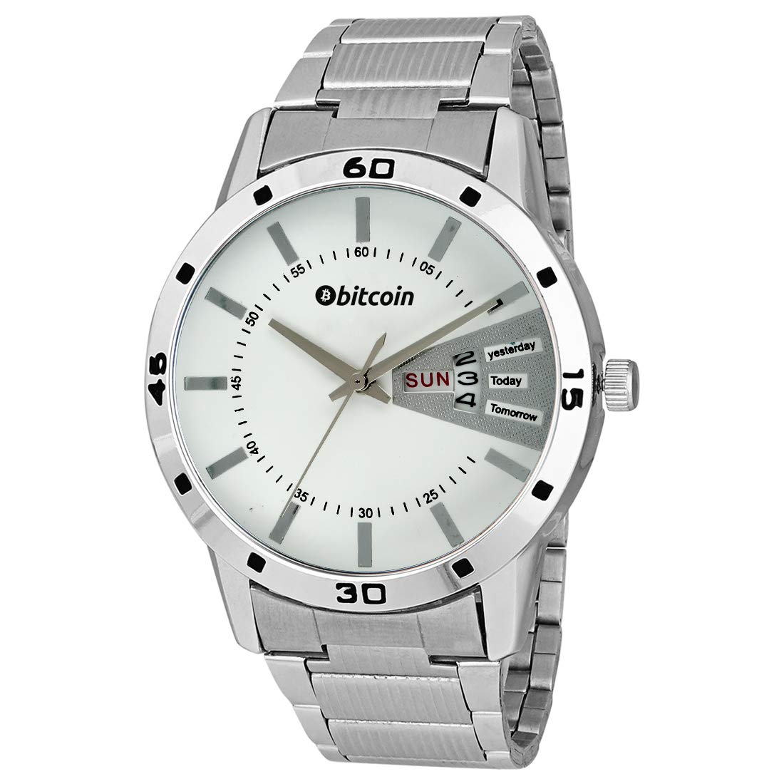 BITCOIN Analog Silver Stainless Steel Chain Wrist Watches for Men with Day & Date Indicator (B092J6TCNP) Amazon Price History, Amazon Price Tracker