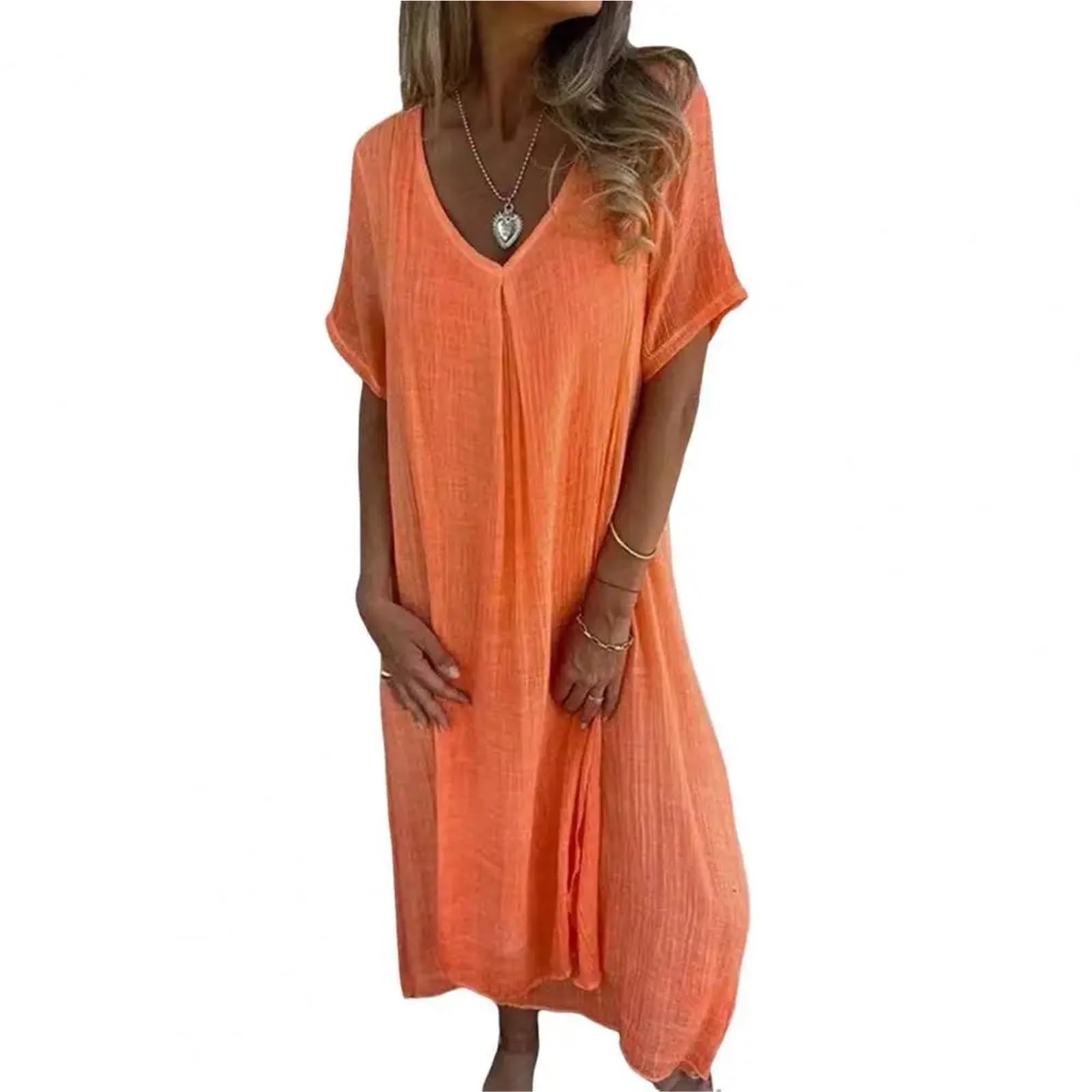 Vestido de Playa algodón y Lino, Suelto, con Cuello en V, Vintage, Recto, Transpirable, Vestidos Largos