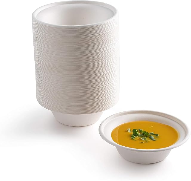 Strong White Paper 16 oz Bagasse Bowls, Disposable, Eco-Friendly, Biodegradable and Compostable (500ml) (50)