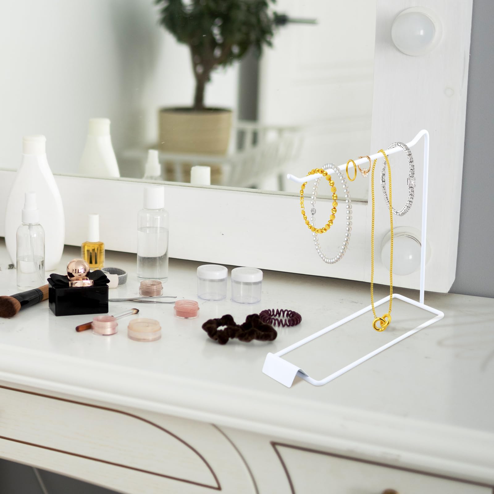 Tabletop Free Standing Jewelry Organizer Holder Stand, Modern Metal Hanger Rack Display for Ear Hooks Trinket Keychains Necklace Dresser, 1 Row White
