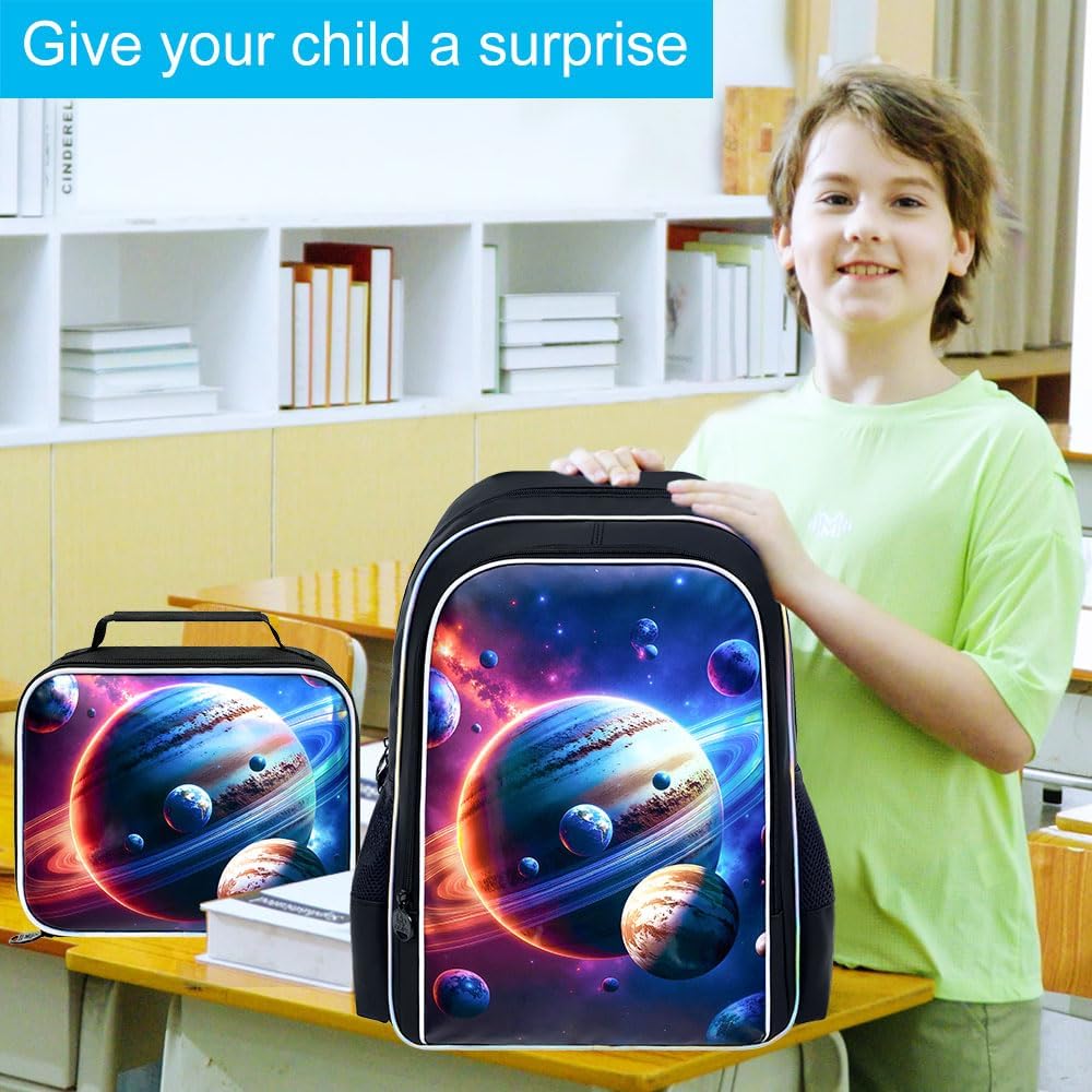 gxtvo 3PCS Kids Space Backpack for Boys, 17" Kids Universe Bookbag with Lunch Box, Water Resistant Middle Elementary School Bag - Cosmic Planet - Image 7
