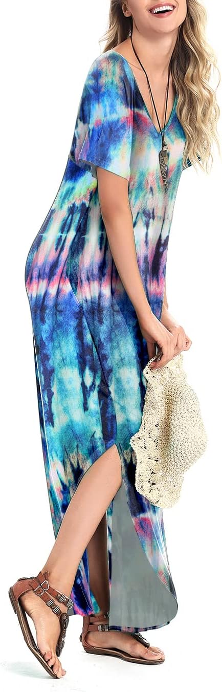 Arolina Women Summer Maxi Dress Short Sleeve V Neck Casual Loose Long Split Dresses Beach Vacation Sundress with Pockets - Image 4